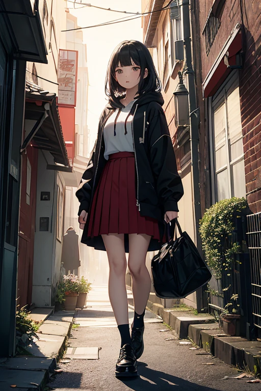 (Masterpiece, Top Quality, Best Quality, official arts, beautiful and aesthetic:1.2), extremely detail,Colorful,highest detail ((Ultra-detailed)), (highly detailed CG illustration), ((extreamly delicate and beautiful)),cinematiclight, Dark , night time,  Nlud on earth,  creepy skirt, Halo, 血, grass, hood, ankle socks, knees, 血 on clothes, red skirt, ????, Shoes, black hair, 1girl, pleated skirt, hood up, Shirt, Horror (subject), death, exteriors,