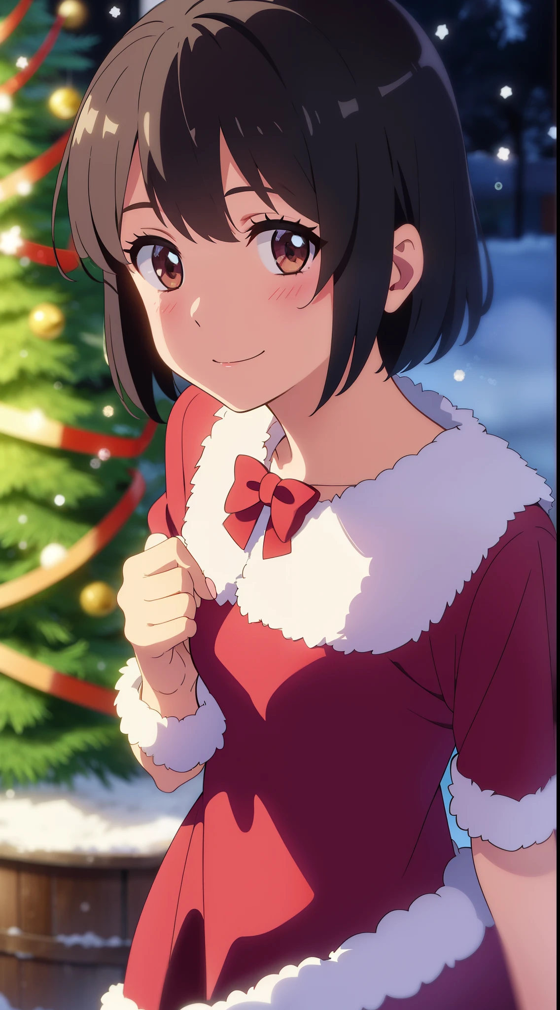 shinkai makoto, kimi no na wa., 1girl, 1boy, bangs, black hair, blush, bright eyes, brown eyes, red bow, red ribbon, short hair, shiny skin, smile, cute, beautiful, perfect hands, short sleeves, looking at the viewer, Santa Claus costume, Sweet face, red christmas dresses, warm light, snowflakes falling, steam, snow, christmas tree, outdoors, night, Night city, City of Snow