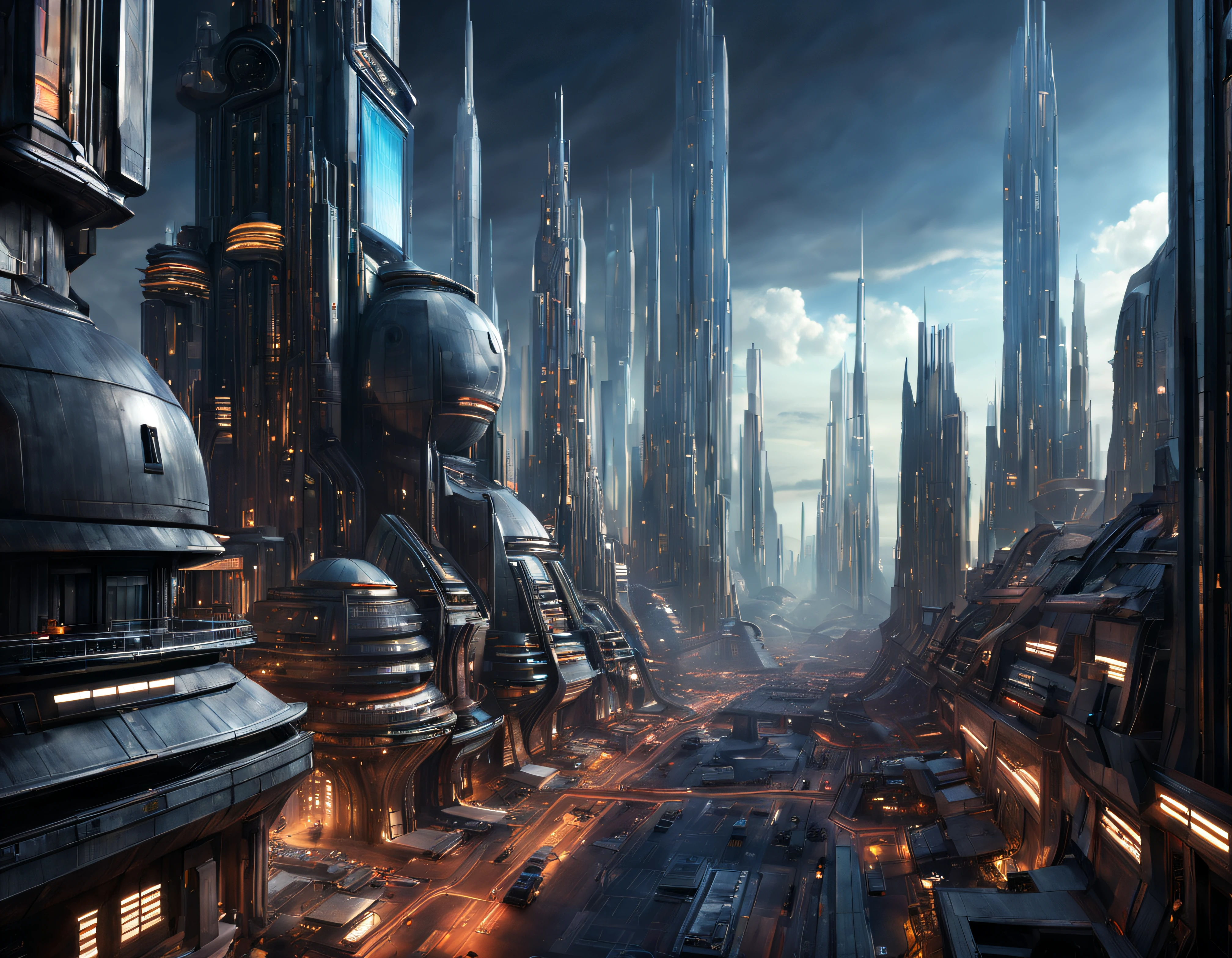 (The city of Coruscant from Star Wars as designed by Doug Chiang), futuristic fantasy city with immense buildings of technological design (que forman una avenida infinita), edificios compactor no difuminados con aspecto metalico, luces en ventanas en edificios, iluminacion diurna con sol, con estructuras acristaladas espectaculares, (con colores vivos). pavimento ensolado (sin brillo). gente paseando. imagen bien definida con muchos edificios juntos. imagen nitida bien definida 8k. los edificios llegan alta el fondo.,8k. imagen cinematografica. ((obra maestra de superior calidad)). (renderizado 3D).