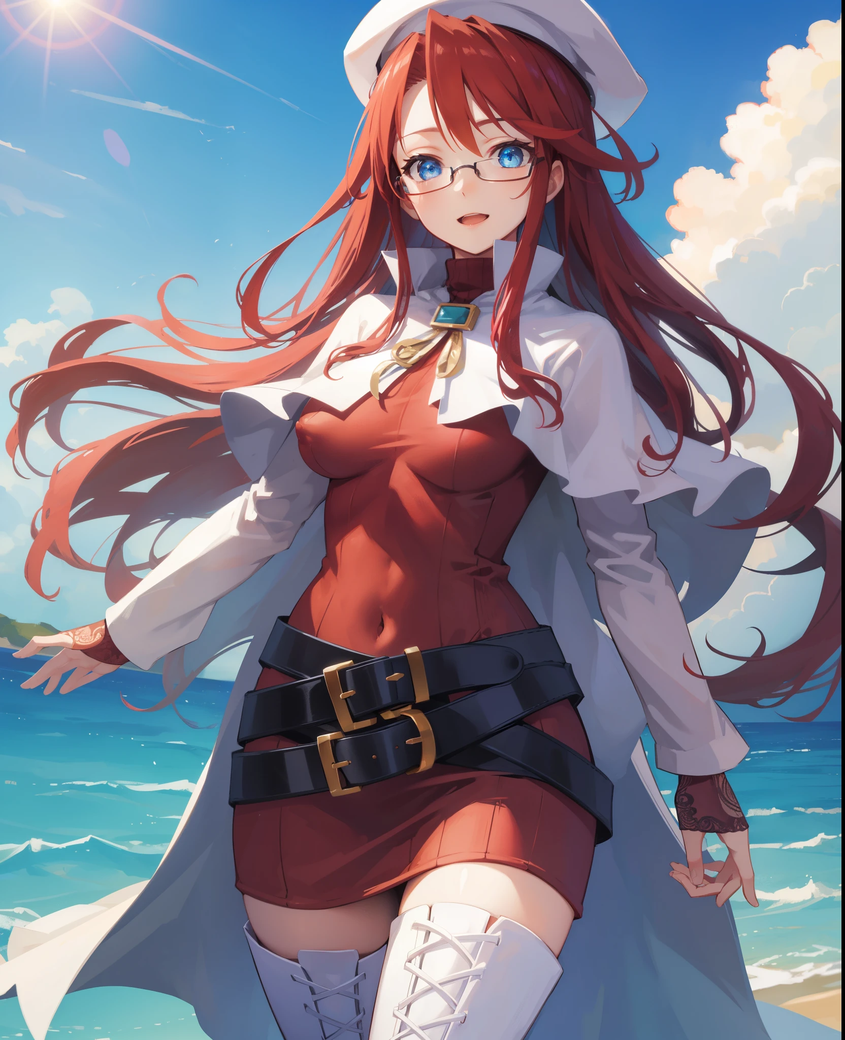 summonnightaty, aty, (young:1.3),long hair, blue eyes, red hair, big_berets, hat, glasses,
BREAK long hair, thighhighs, hat, dress, boots, glasses, belt, cape, sweater, zettai ryouiki, beret, thigh boots, white footwear, ribbed sweater, loose belt,solo,
BREAK outdoors, fantasy,on_beach,
,Highquality_hads,perfect_fingers,
BREAK (masterpiece:1.2), best quality, high resolution, unity 8k wallpaper, (illustration:0.8), (beautiful detailed eyes:1.6), extremely detailed face, perfect lighting, extremely detailed CG, (perfect hands, perfect anatomy),covered_nipples,covered_navel ,half_eyes,long_sword,sleepy,standing,red_sweater,apart_knees,magical_effect,spread_legs, have_a_book,teacher,rise_knee,Smile,rise_hand,look_down_viewer,spread_arms,sea​_waves,looking_into,blue_sky