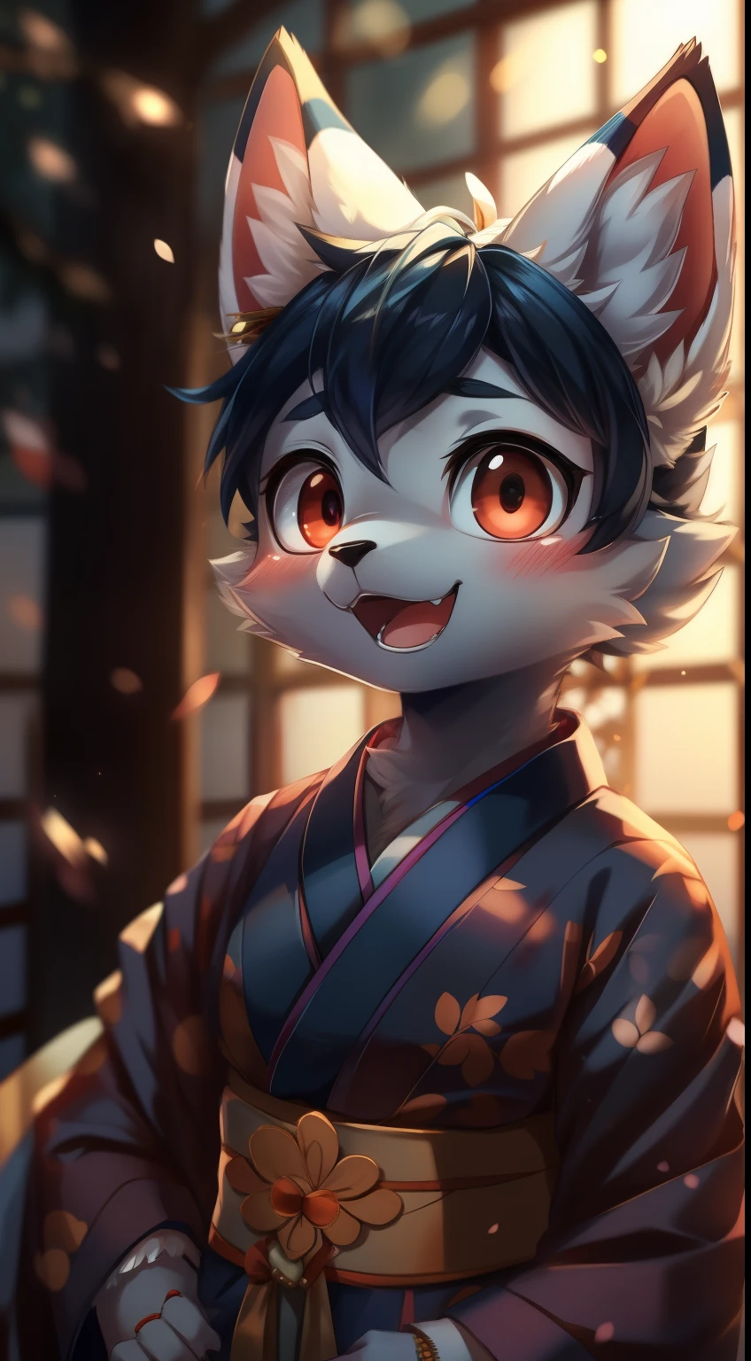 Depth of field, perfect lighting, light particleest quality), (masterpiece), (super detailed), sharp focus, light particles, niji, eyesgod, blush, brown_eyes, looking_at_viewer, smile, solo, furry, animal_ear_fluff, open_clothes, arms back, upper body, tail, kimono, japanese clothing, sunlight, tree, open mouth, from below, arms back, navy blue hair, white ears, purplish red eyes