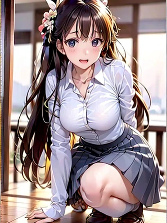 (Best quality,8K,actual:1.37),jpn,Girl in JK uniform, girl,mesmerizing eyes,attractive lips,detailed hairstyles,Shoulder-length hair,beautiful hairl,Bedroom scene,Very shy,,Cute pose,amazing scenery,Floor mirrors,gentlesoftlighting,adorable expression,Female student innocence,Playful ,pastelcolor,hair adornments,pleatedskirt,White stockings,School atmosphere,white colorhibited，Face away from the camera，Look from the bottom up