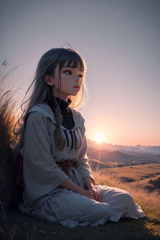 Hillside covered with grass, Like in the steppe,The lens shakes slightly,The sky will be black,Sundown,Sunset taillights make the sky look purple,Grayish blue,Grayish pink,The tall grass swayed to the slow rhythm of the wind.,A man sat quietly on the grass, enjoying the wonderful scenery.,first-person view,Ultra-sharp details,a photo of a + bokeh +surreal,surreal пейзаж сновидений, higly detailed,hyper-detailing,Cinmatic Lighting,Dream scenes,Dark,getting dark,in night,4k resolution,(Contrast ratio 6.3),(Color 7.3)