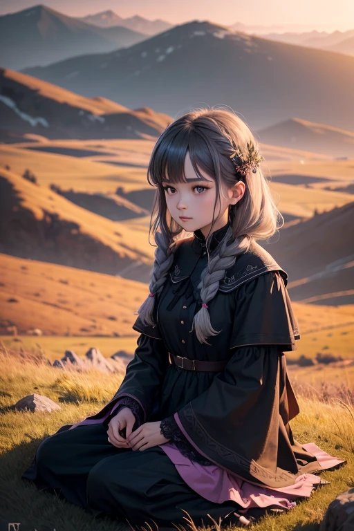 Hillside covered with grass, Like in the steppe,The lens shakes slightly,The sky will be black,Sundown,Sunset taillights make the sky look purple,Grayish blue,Grayish pink,The tall grass swayed to the slow rhythm of the wind.,A man sat quietly on the grass, enjoying the wonderful scenery.,first-person view,Ultra-sharp details,a photo of a + bokeh +surreal,surreal пейзаж сновидений, higly detailed,hyper-detailing,Cinmatic Lighting,Dream scenes,Dark,getting dark,in night,4k resolution,(Contrast ratio 6.3),(Color 7.3)