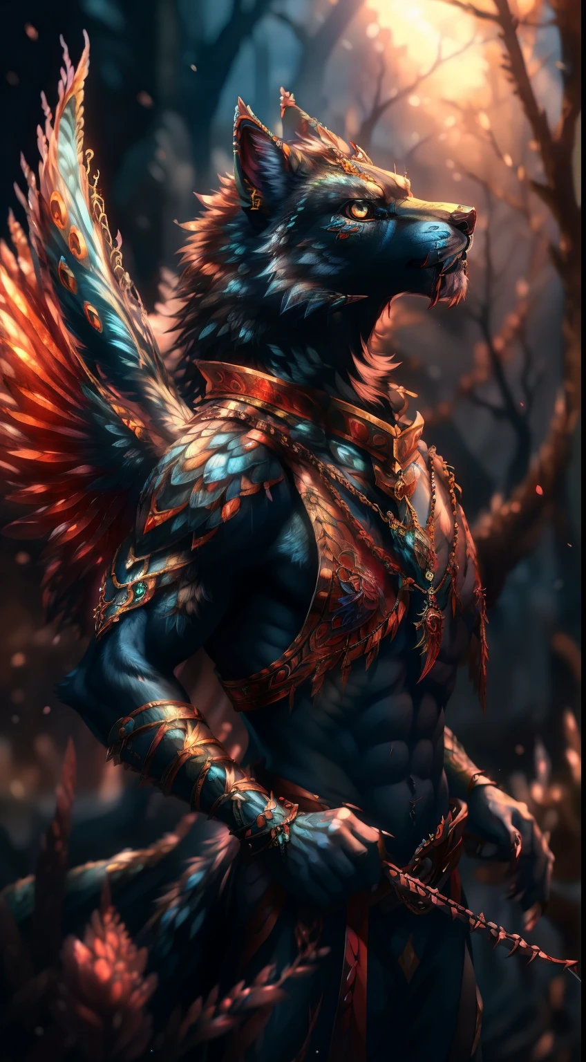 There is a painting of a wolf in blue and white, detailed creature, mythological creatures, highly detailed creature, Fantasy creature concept art, fantastical creature, From Pathfinder, a minotaur wolf, furry fantasy art, spirit fantasy concept art, anthro dragon art, very very beautiful furry art, anthropomorphic wolf, a mythical creature