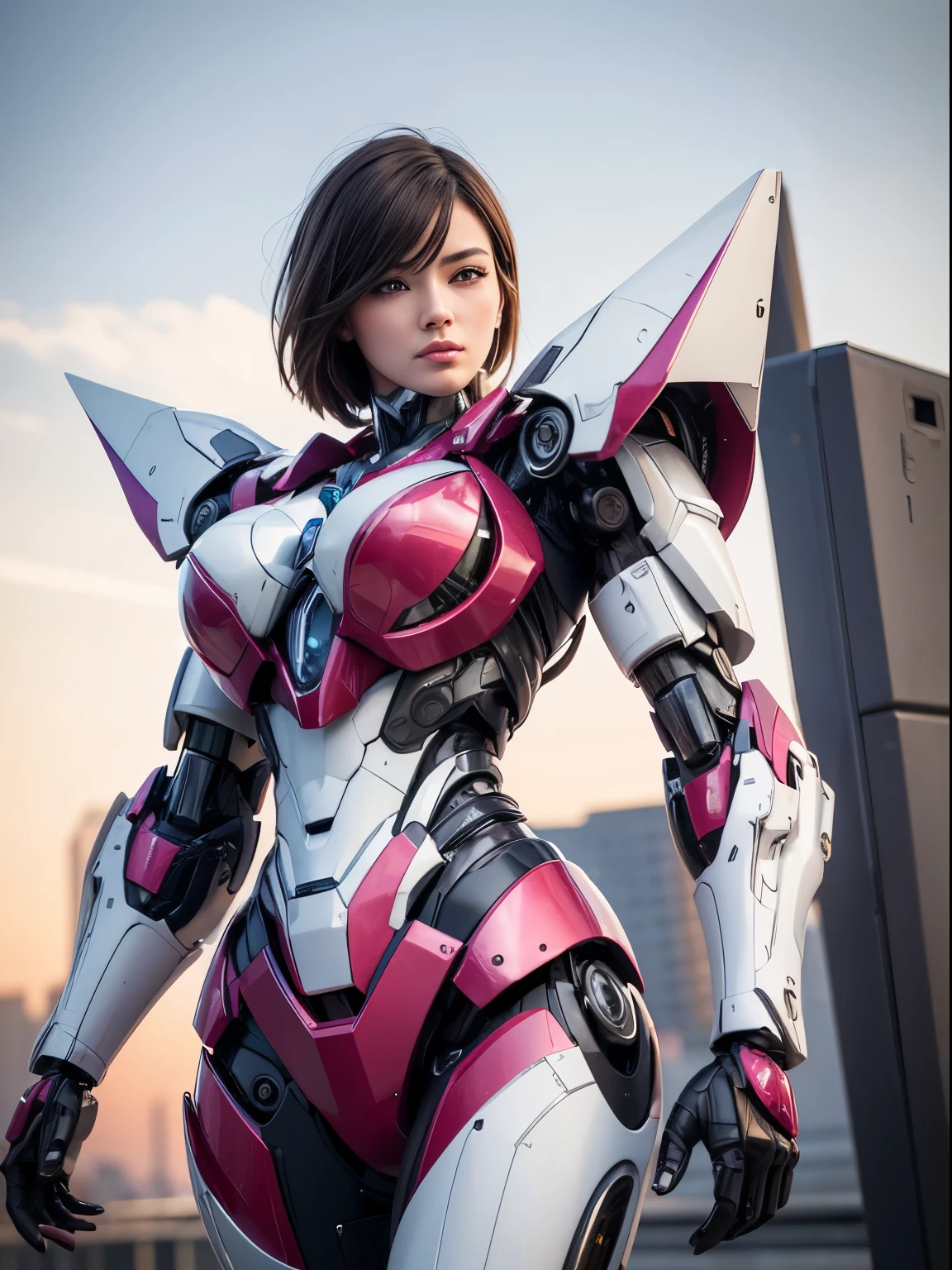 Textured skin, Super Detail, high details, High quality, Best Quality, hight resolution, 1080p, hard disk, Beautiful,(Arcee),beautiful cyborg woman,Mecha Cyborg Girl,Battle Mode,Girl with a Mecha Body,She wears a futuristic Transformers mech,Female Warrior,fully body photo