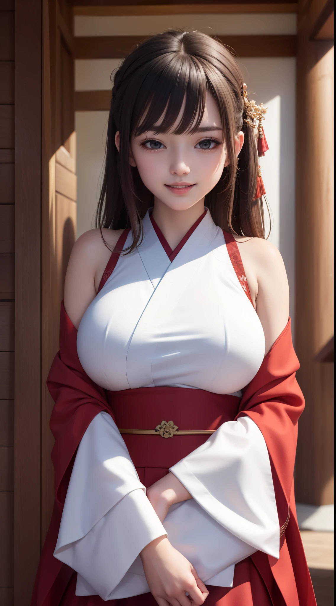 ((masterpiece)), (best quality), official art, extremely detailed CG, unity 8k wallpaper, ultra detailed, hairclip, miko, japanese clothes, red hakama skirt masterpiece, best quality, absurdres, shinto shrine, looking at viewer, upper body, smile, big breasts,