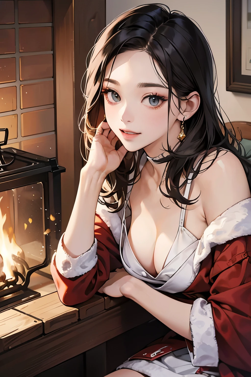 (masutepiece, Digital Art, Digital Illustration, 4K, 8K, Ultra-detailed, beautiful image, Sharp Image, Photorealistic, Raw photo, Perfect face, Perfect lines, Perfect eyes, Soft lighting) ,1 woman, (Black hair,straight haired,Bullish gaze,Beautie,ellegance,Solid makeup,23 y-o woman,small tits:1.3),スーツ姿のハンサムなember性2人, (ember,ember性はスーツ姿,well-muscled,Firm shoulder width, emberの,Boyish hairstyle,English gentlemanly style,クールな表情の30代ember性,明るい笑顔の28歳ember性:1.2),Show white teeth and smile(embarrassed from,Shy smile:1.1),(Nervous,be shy,sleepy,embarrassed from:1.1),in front of a warm fireplace、Christmas、Christmasケーキ、Birthday Celebration、the kiss、a couple、a couplethe kiss、Romance、the kiss、Santa Cosplay、bring a present、miniskirt santa costume