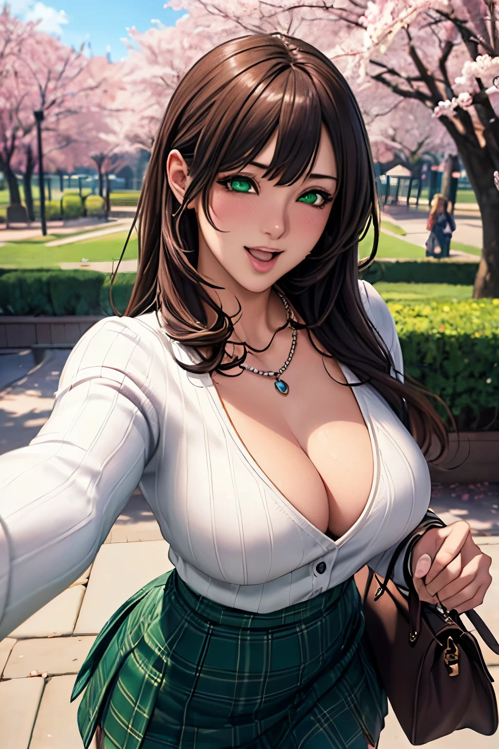 ((masutepiece, Best Quality, hight resolution, nffsw, Perfect Pixel, depth of fields, 4K, nffsw, nffsw))), 1girl in, Single, Solo, Beautiful anime girl, Beautiful Art Style, Anime Character, ((Long hair, Bangs, Brown hair)), ((Green eyes:1.4, rounded eyes, Beautiful eyelashes, Realistic eyes)), ((Detailed face, Blushing:1.2)), ((Smooth texture:0.75, Realistic texture:0.65, Photorealistic:1.1, Anime CG style)), ((medium breasts, cleavage, busty)), Dynamic Angle, Perfect body, ((POV, Selfie Pose, Portrait)), ((White sweater, Long sleeve, Black skirt, plaid skirts, Fashionable, 1 handbag, 1 diamond necklace)), Smile, Open mouth, amusement park, ((The cherry tree, Cherry blossoms fall))