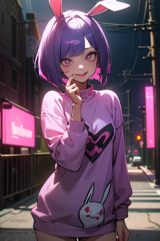 (Bob cut hair, glowing eyes, crazy smile and sticking out tongue, Best Quality), ((Masterpiece)), (high definition:1.3), Beautiful,(Masterpiece), Realistic, Beautiful photo, Dirty Street、1girl, Slender small breasts、bunny ears, purple hair、Cute Beautiful Girl、Oversized pink sweatshirt