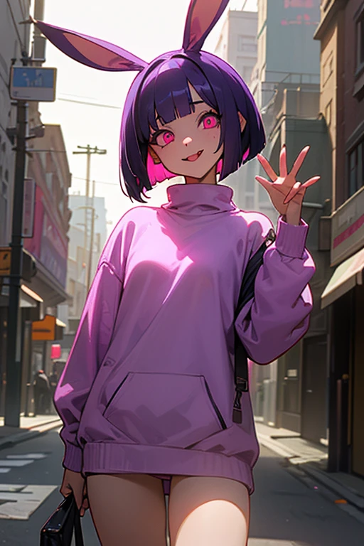 (Bob cut hair, glowing eyes, crazy smile and sticking out tongue, Best Quality), ((Masterpiece)), (high definition:1.3), Beautiful,(Masterpiece), Realistic, Beautiful photo, Dirty Street、1girl, Slender small breasts、bunny ears, purple hair、Cute Beautiful Girl、Oversized pink sweatshirt