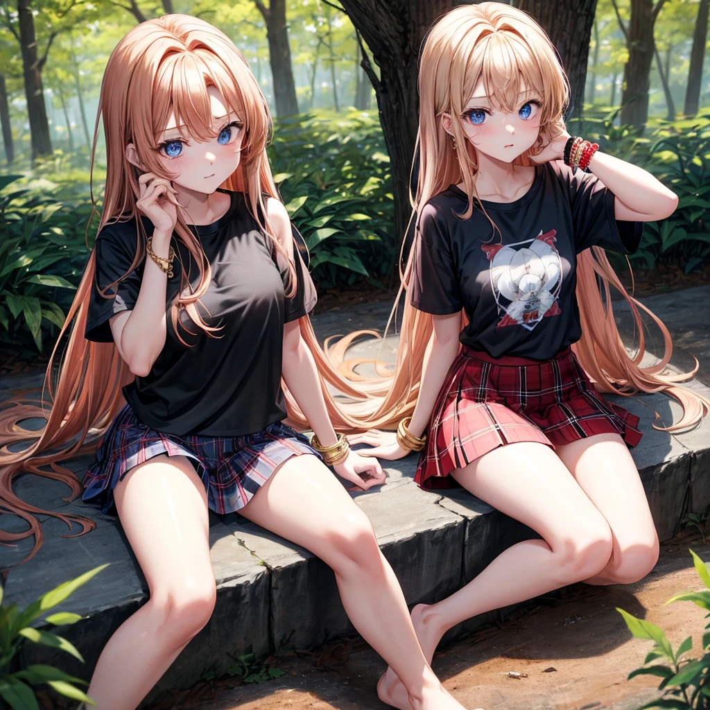 red blonde、blue eyess、one good looking girl、独奏、animesque、Plaid miniskirt、Black T-shirt、camisole、the woods、Sunlight、sitting on、has a blanket over his head、bare-legged、cute bracelet