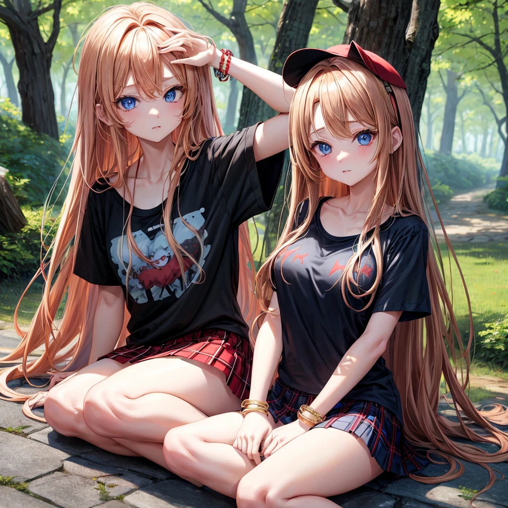 red blonde、blue eyess、one good looking girl、独奏、animesque、Plaid miniskirt、Black T-shirt、camisole、the woods、Sunlight、sitting on、has a blanket over his head、bare-legged、cute bracelet