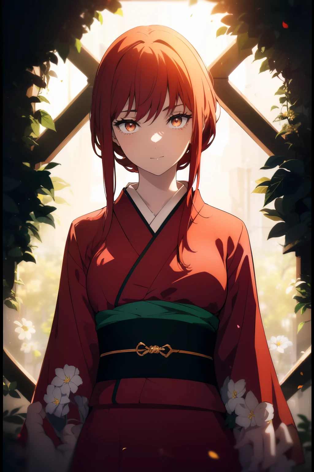 ((((Obra maestra, La mejor calidad, ultrahigh resolution)))), 1girl, standing, ((wearing a red kimono)), long hair cut, pale skin, ((brown eyes)), (glowing_eyes, luminescent eyes), (ultra detailed eyes:0.7, beautiful and detailed face, detailed eyes:0.9), ((centered)), smile, ((wide shot)), facing viewer, (((vibrant background of outside, flowers, bright lighting, summer, sunlight))), flat chested, looking at viewer, ((perfect hands)), ((head:1, hips, elbows, arms, in view)), ((hands behind back)), beautiful lighting, defined subject, (13 years old), ((cool looking)), ((slight breeze in hair, vintage sun glare))