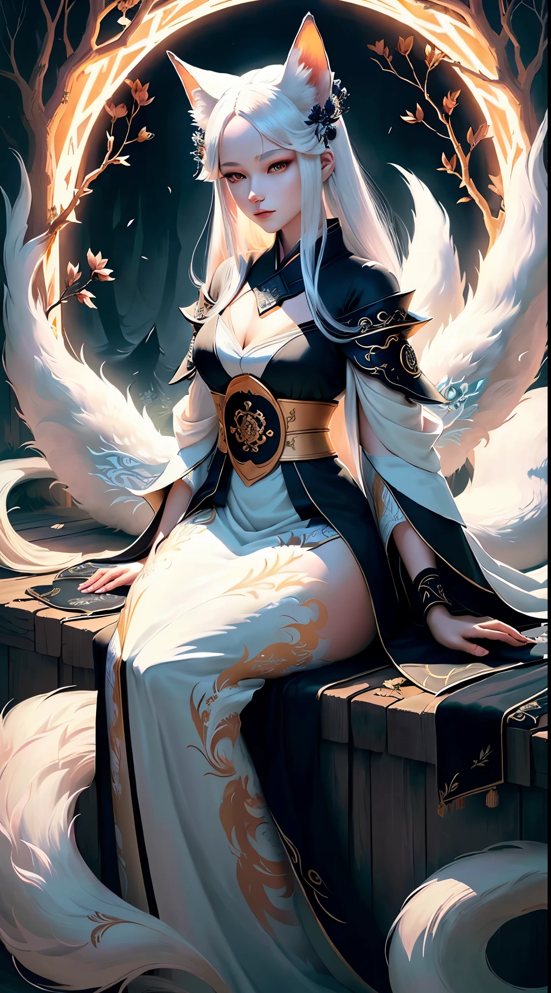 Drawing of a fox with white hair sitting on a branch, ethereal fox, nine-tailed fox, fox three-tailed fox, onmyoji detailed art, nine-tailed, beautiful artwork illustration, mythological creature, fox, beautiful Digital artwork, exquisite digital illustrations, mizutsune, inspired by mythical creatures Wildnet, digital art on pixiv, strong light, high contrast, horror movie theme, dark atmosphere