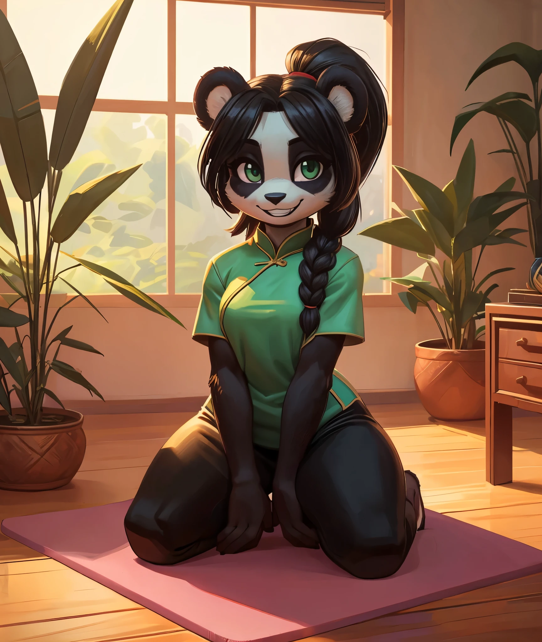 [Yaya Panda], [Uploaded to e621.net; (Pixelsketcher), (wamudraws)], ((masterpiece)), ((HD)), ((solo portrait)), ((full body)), ((front view)), ((feet visible)), ((furry; anthro)), ((detailed fur)), ((detailed shading)), ((beautiful render art)), ((intricate details)), {anthro panda; (black fur), (white fur), black nose, (cute green eyes), (short eyelashes), black hair, braided ponytail, (curvy hips), (beautiful legs), (beautiful paws), (blushing), (cute grin)}, {(chinese clothing), (green shirt), (red yoga pants)}, {(on yoga mat), (kneeling), (looking at viewer)}, [background; (bamboo forest), (living room), (window), (blue sky), (cloudy)]