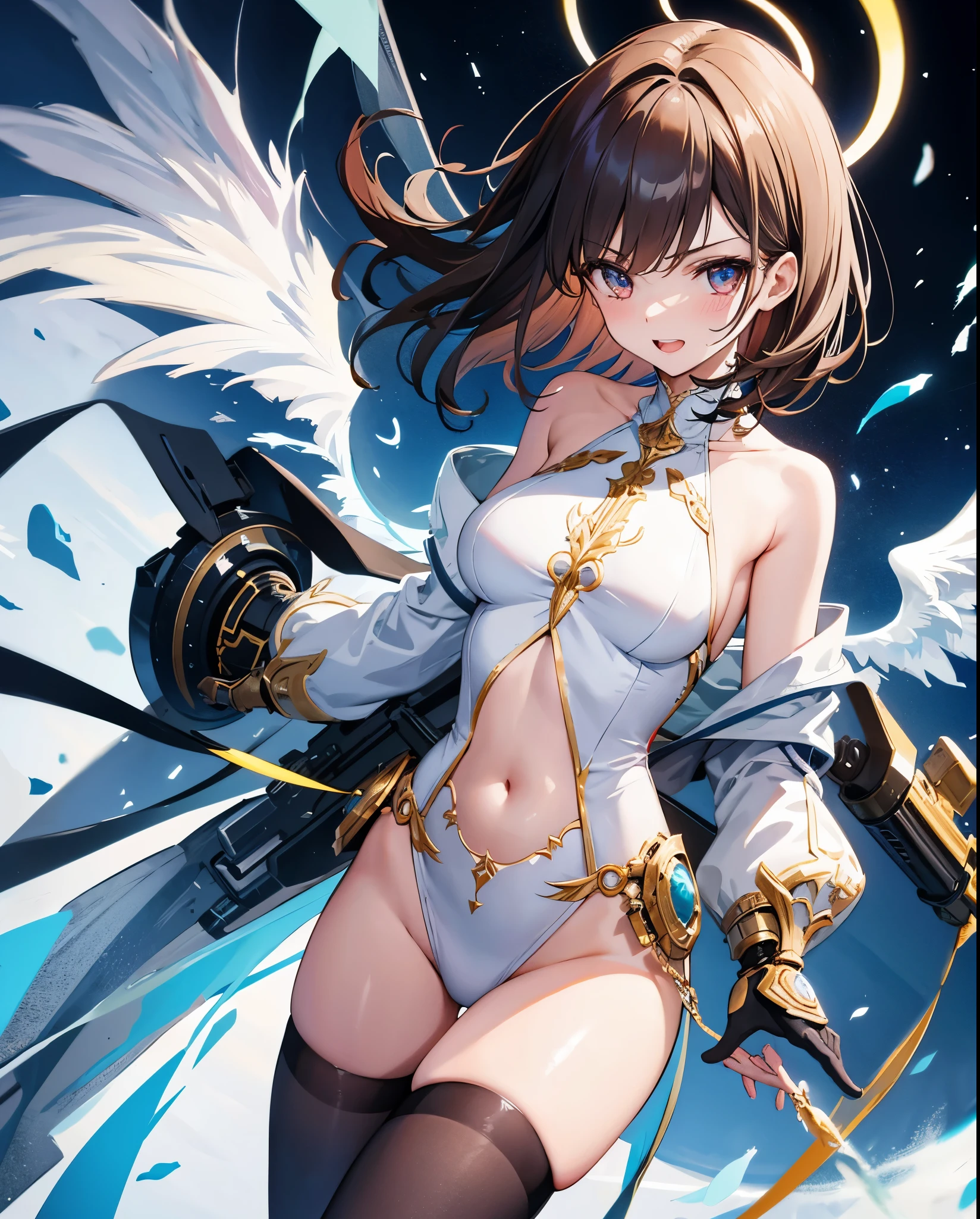 fantasy, 1angel_girl,child, loli,brown_hair, medium_bob_hair, long_bangs, halo,bare_shoulder,thighhighs,silver_armor, waist_armor, large_breasts,angry,grinning,open_mouth_teeth, 1pair_wings, dynamic_pose_fighting,floating, bare_crotch, headgear,gauntlet, greaves,city_sky_background,slightly_spread_legs, solo, groin_naked,