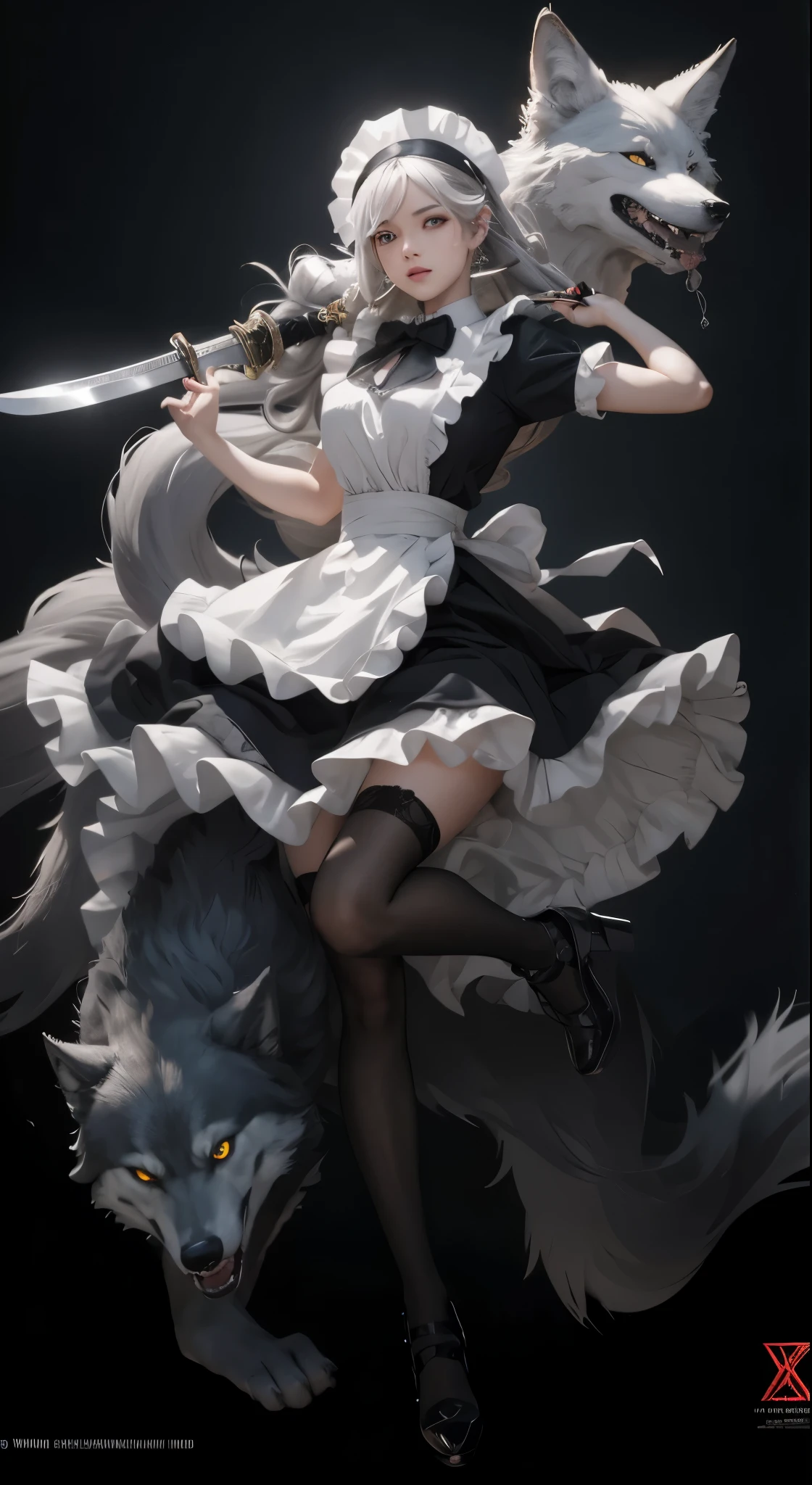 Hold a tanto or Japanese sword correctly, (Very detailed CG unified 8K wallpaper), cool maid, Sexy maid outfit, Morbid expression, Two wolves burst out of the skirt, Mad eyes, 8K，tmasterpiece, Best quality,
