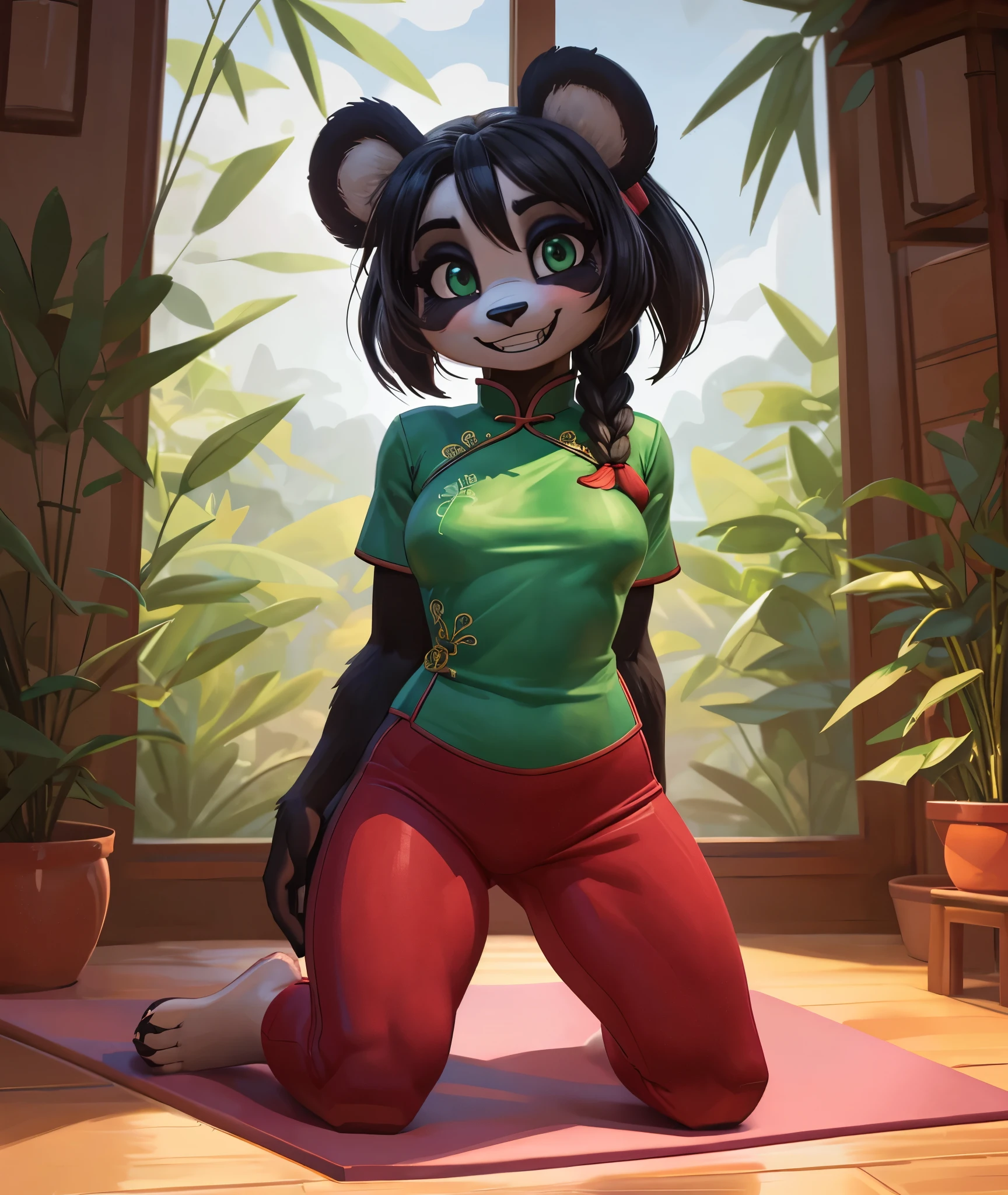 [Yaya Panda], [Uploaded to e621.net; (Pixelsketcher), (wamudraws)], ((masterpiece)), ((HD)), ((solo portrait)), ((full body)), ((front view)), ((feet visible)), ((furry; anthro)), ((detailed fur)), ((detailed shading)), ((beautiful render art)), ((intricate details)), {anthro panda; (black fur), (white fur), black nose, (cute green eyes), (short eyelashes), black hair, braided ponytail, (curvy hips), (beautiful legs), (beautiful paws), (blushing), (cute grin)}, {(chinese clothing), (green shirt), (red yoga pants)}, {(on yoga mat), (kneeling), (looking at viewer)}, [background; (bamboo forest), (living room), (window), (blue sky), (cloudy)]