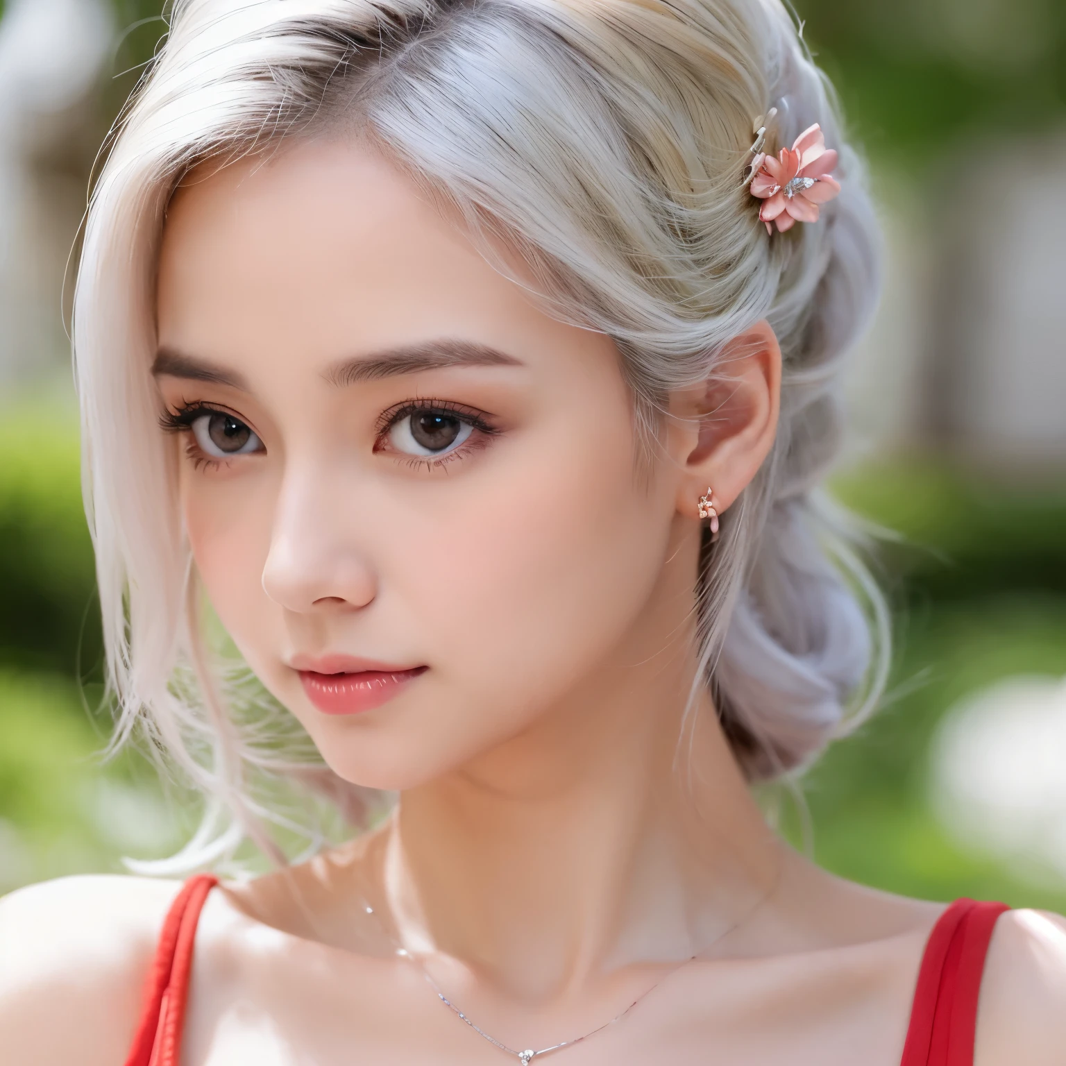 kind and beautiful girl, Delicate and sexy collarbone, charming oval face, Double eyelids, Smart peach blossom eyes, Pink lips, small nose, Bare shoulders, Focused face, The ultra -The high-definition, Super Details, elegant standing, Fate, Ilyasfir, Perfect udder, teats, white  hair , Red eyes, Lori, animesque, nursing