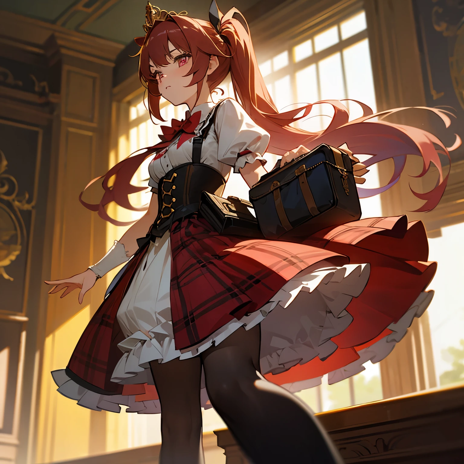 Pretty  princess has a school girl, drawn in anime style, long red pigtails hair, pink eyes, small breast, steampunk, school uniform with short puffy sleeves worn underneath a red plaid lolita dress, school crest, white petticoat, corset, ribbons, gold tiara, black school bag, black tights, Mary Jane shoes, in old fashion classroom, standing elegantly, highly detailed, 4k.