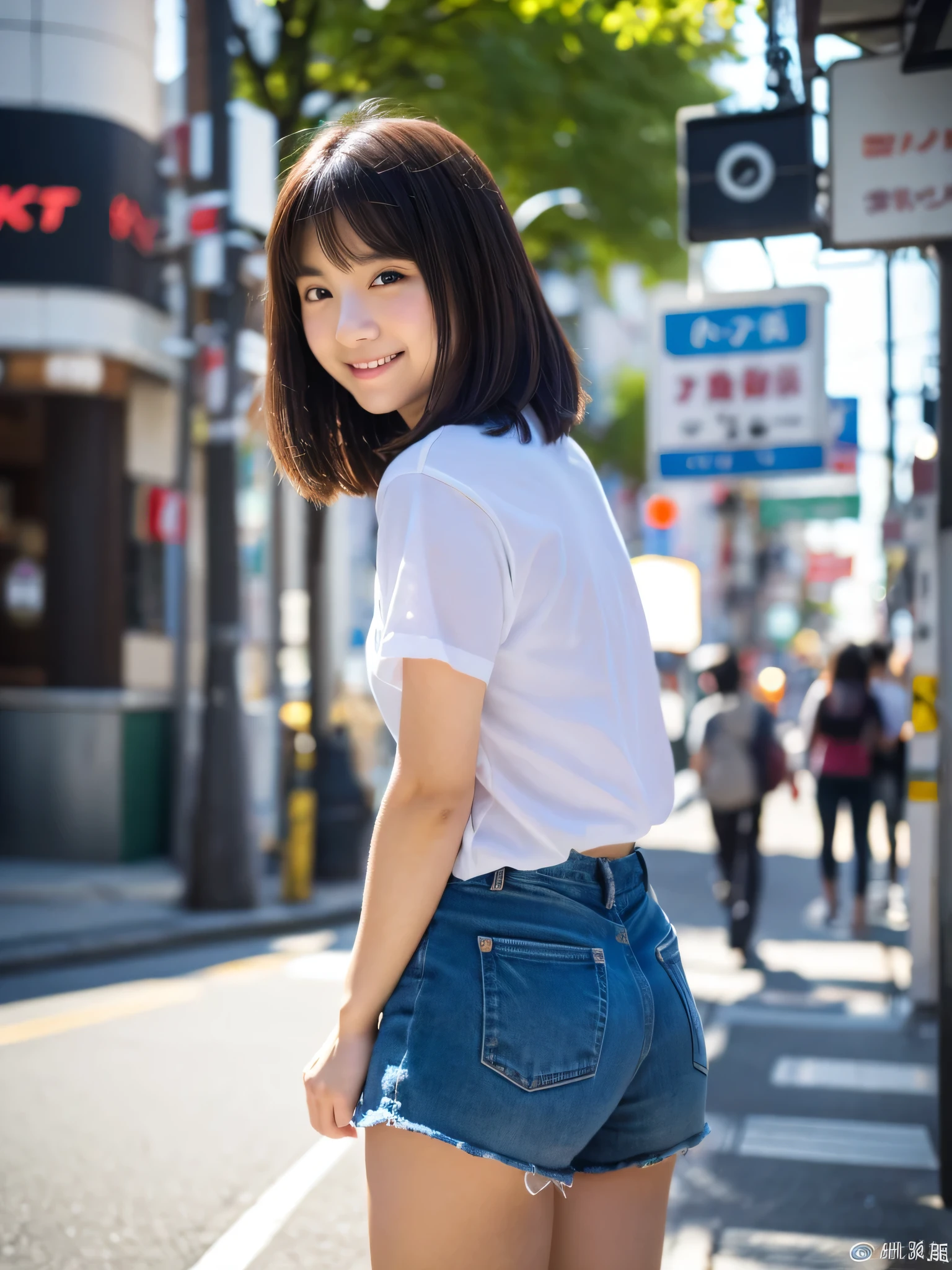 ultra best quality、masterpiece、超hight resolution、depth of fields、(Photorealsitic:1.4)、(awardwinning photo、信じられないほどのmasterpiece:1.3) 、Raw photography、the golden ratio、the Extremely Detailed CG Unity 8K Wallpapers、Detailed and complex、Original、hight resolution、Raw foto、(perfect body type)、Detailed and complex、Digital SLR、softlighting、(background person blur:1.1)、SIGMA 85 mm F/1.4、50mm Lenac lighting、nffsw、hyper realstic、Color Grade、dynamicposes、Portrait Break、 独奏、short-hair:1.4、girl with、Super beauty、(Full body like:1.2)、japanese bodybian、独奏)、thighs gap、A smile:1.4、University、cute little女子高生、short-cut、Detailed Realistic、Skin Texture、(realistic human skin texture)、Front view View viewer、natural soft light、Daytime、in a street、deep-shadows、cute little、21 years old BREAK、 a street、The state of the store、akihabara、Shinjuku、with no people、(akihabara:1.2)
