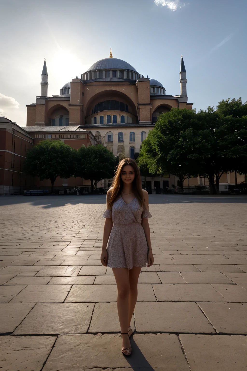 a beautiful Russian young woman in front of Hagia Sophia, amateur photo, tourist photo, full body, summer, lights