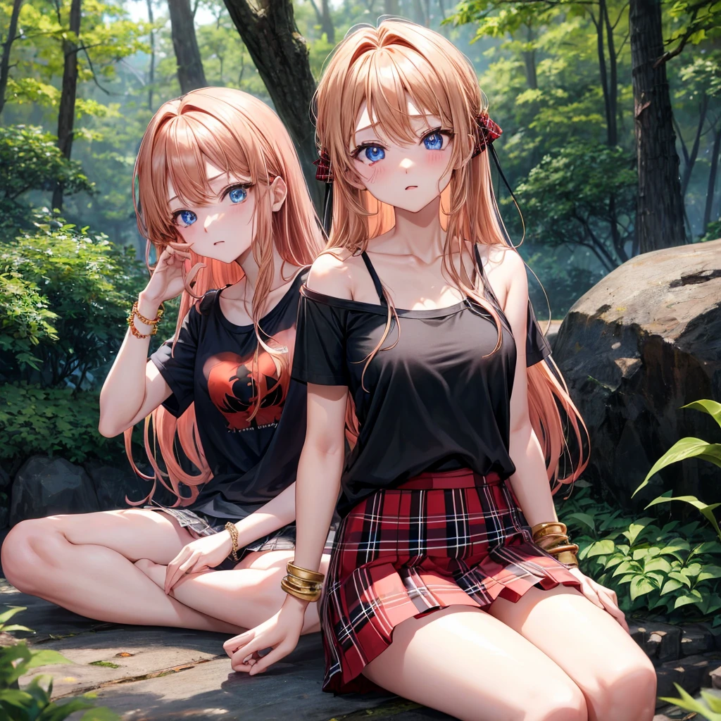 red blonde、blue eyess、one good looking girl、独奏、animesque、Plaid miniskirt、Black T-shirt、camisole、the woods、Sunlight、sitting on、has a blanket over his head、bare-legged、cute bracelet、shaking my head