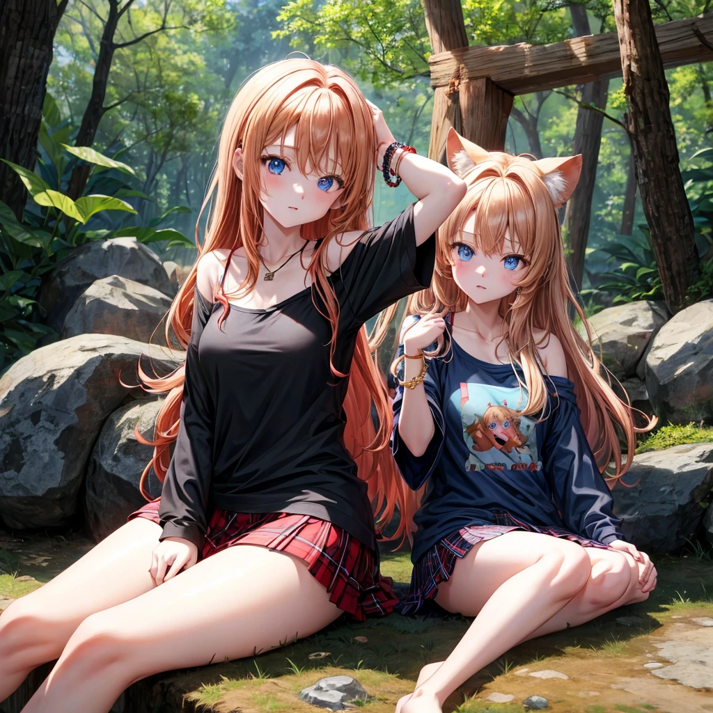 red blonde、blue eyess、one good looking girl、独奏、animesque、Plaid miniskirt、Black T-shirt、camisole、the woods、Sunlight、sitting on、has a blanket over his head、bare-legged、cute bracelet、shaking my head