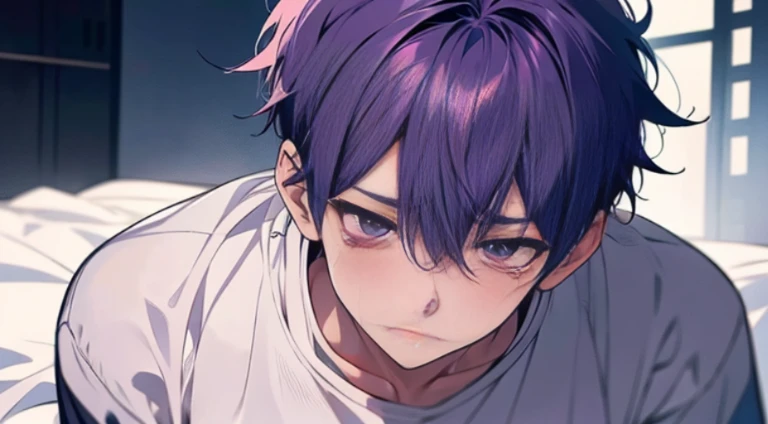 (Stylized as anime+soft cute)male child、purple hair、white shirt、Saddened+cry、