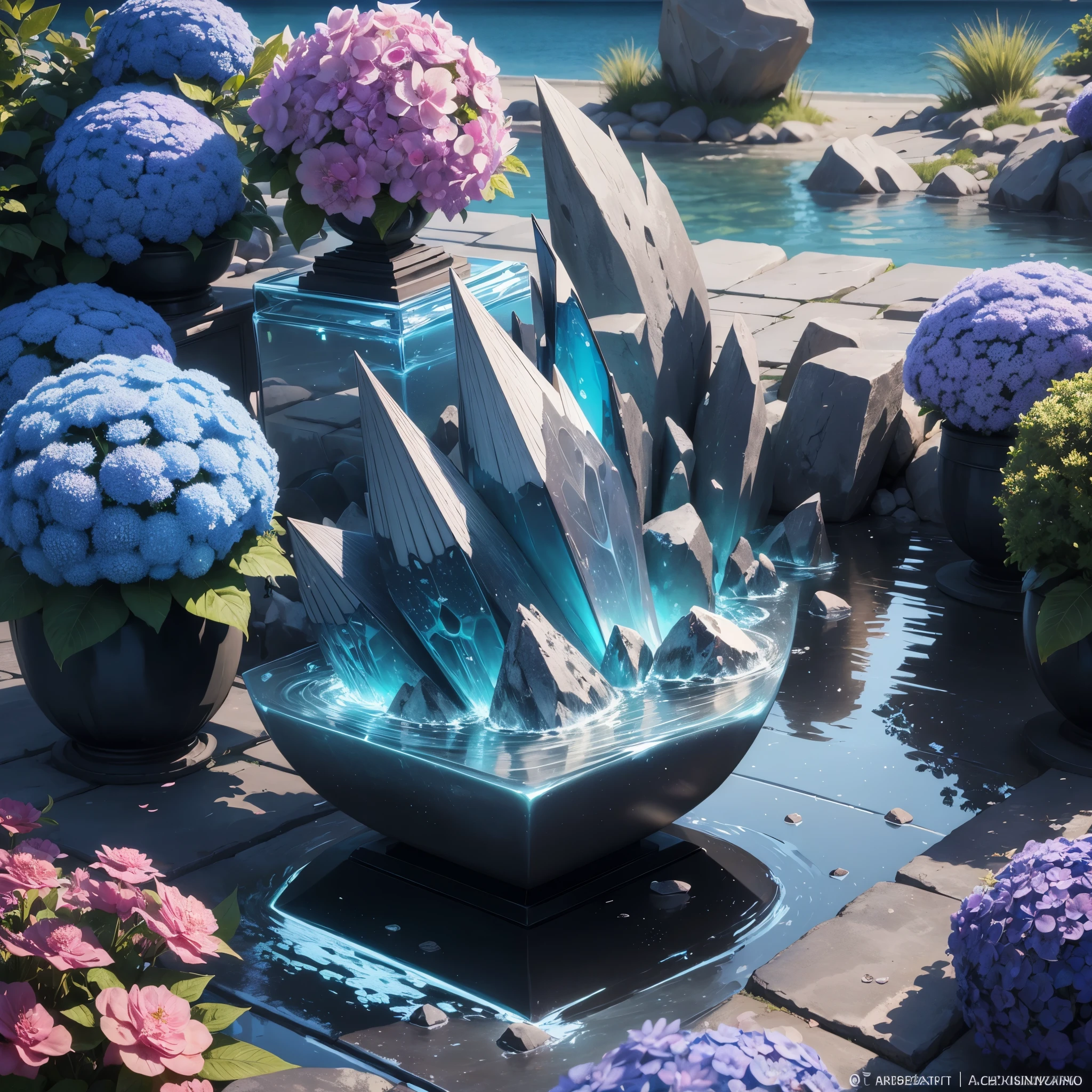 Hydrangeas, park, lake, small hill, pebble path, wallpaper, Art Deco, high detail, Cubist Futurism, Surrealism, modern, Gothic art, atmospheric perspective, panorama, perspective, diffraction spikes, masterpiece, best quality, anatomically correct, high details, 8K . ((SeaArt logo)) !Highest quality! Masterpiece! High-quality logo. 3D visualization. Unreal Engine. The highest quality, details, textures, materials, and clear forms (smooth glass, synthetic material, artificial stone, plastic, metal). Blue radiance from the depths of the forms, Seaart Logo!, 3D logo. One . Front camera view, Art Deco, high detail, modern, Gothic art, Fauvism, Contemporary art, Constructivism, Pop art, Hyperrealism, Pixar, depth of field, glowing light, ray tracing, reflection light, backlighting
