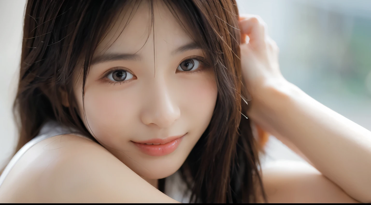 Young japanese lady, 30s, White background, It features a simple背景, white-brown hair, slender, 4K, 8K, High quality, Beauty, Smile, Beautiful eyes, It features a simple, High resolution,1 person