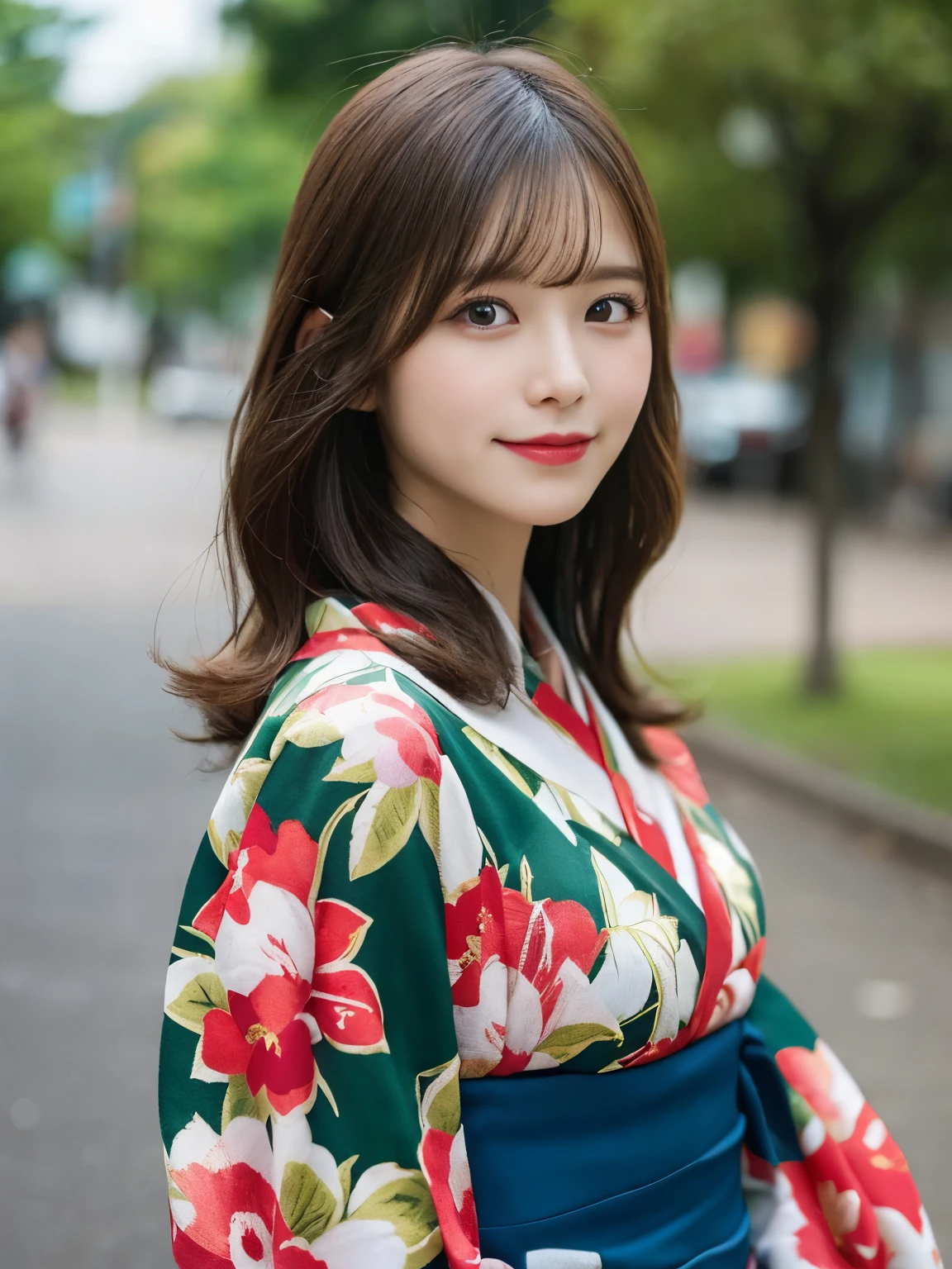masutepiece, Best Quality, Illustration, Ultra-detailed, finely detail, hight resolution, 8K Wallpaper, Perfect dynamic composition, Beautiful detailed eyes, She wears a red kimono,Medium Hair,Natural Color Lip, Bold sexy poses,Smile,Harajuku、20 years girl、Cute、Sexy shot looking at camera、C Cup、Brown hair、cacique#39;s face、Blurred green park background