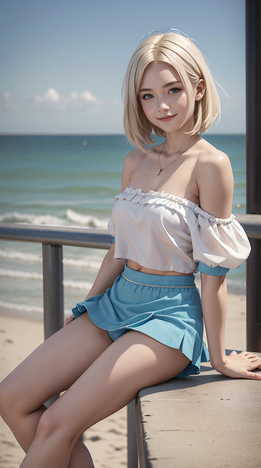 24-year-old Caucasian woman、hair is platinum blonde、Eye color is blue、Medium hair、Slender but well-proportioned muscular man、She is wearing an off-shoulder top with frilly frills.、She is wearing a low-rise pleated skirt.、wearing sports shoes、Leaning on the railing at the seaside park in town、a smile