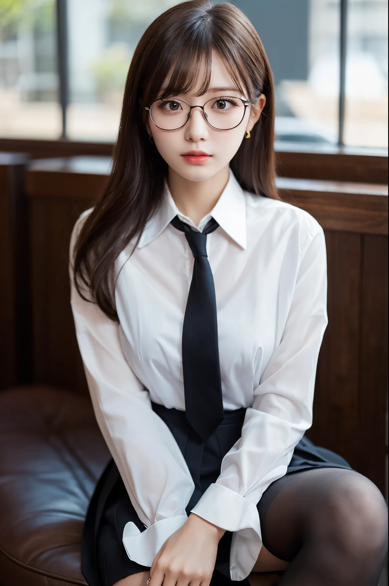 ulzzang -6500-v1.1, masutepiece, , best qualtiy,、Ultra Detail, Classy elite woman in a suit and glasses poses for a photo, Sit on the couch and cross your legs、wearing a suit and glasses, Wearing a strict business suit, (Wear ultra-realistic pantyhose)、 in suit with black glasses, with black eyeglasses, Girl in suit, with glasses, Girl in a suit, in a strict suit, JK Uniform, japanese girl school uniform, Wearing a business suit, Japan school uniform, Wearing a business suit, On Body, Tindall Effect, Realistic, Shadow Studio, Rim lighting, dual-tone lighting, (High Detail Skins: 1.2), 8K UHD, Digital SLR, Soft light, High quality, Volume Light, Sneak Shots, Photo, High resolution, 4K, 8K, Background blur, realistic skin textures、shinny skin、Exposed thighs!!!、