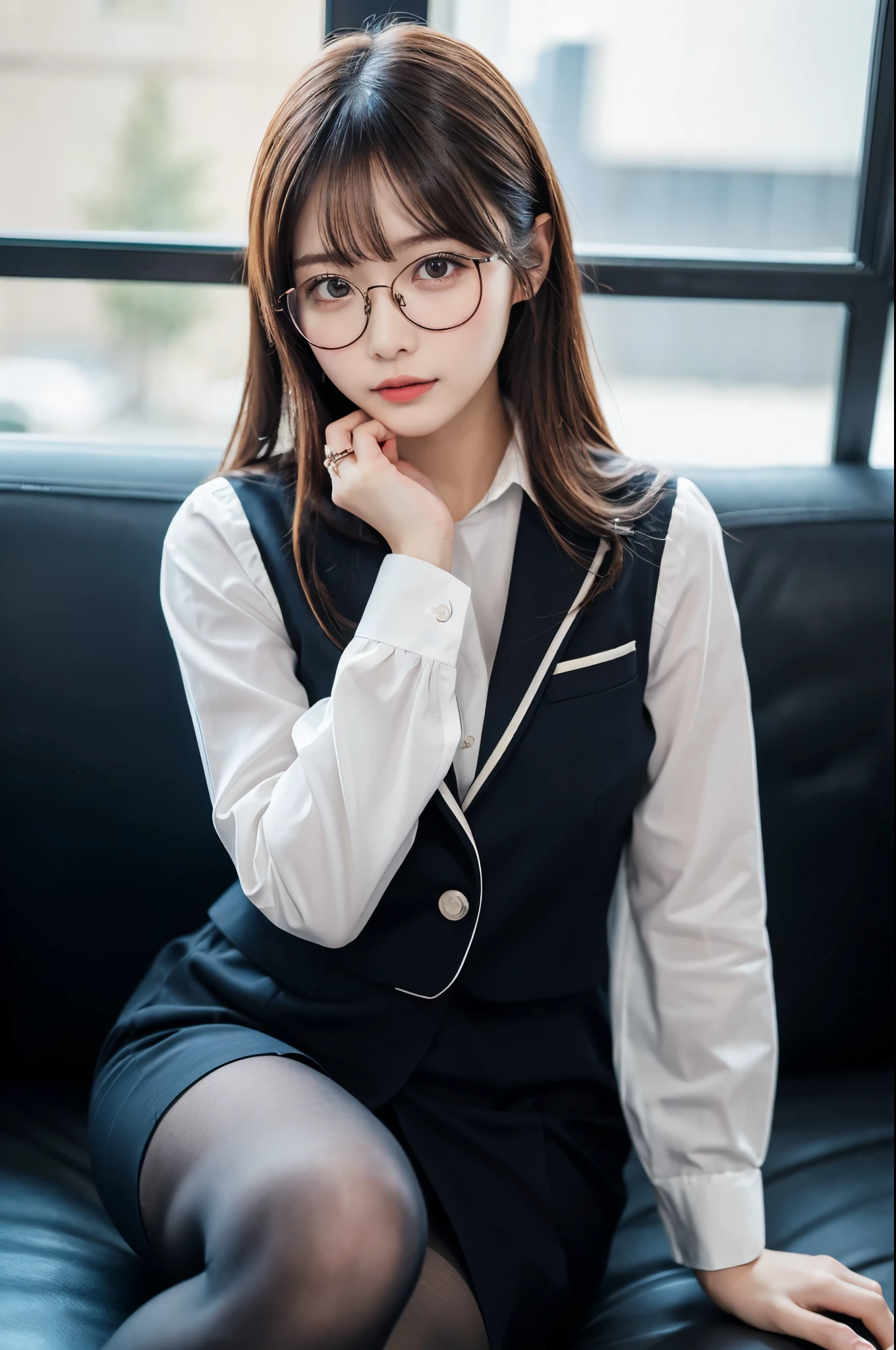 ulzzang -6500-v1.1, masutepiece, , best qualtiy,、Ultra Detail, Classy elite woman in a suit and glasses poses for a photo, Sit on the couch and cross your legs、wearing a suit and glasses, Wearing a strict business suit, (Wear ultra-realistic pantyhose)、 in suit with black glasses, with black eyeglasses, Girl in suit, with glasses, Girl in a suit, in a strict suit, JK Uniform, japanese girl school uniform, Wearing a business suit, Japan school uniform, Wearing a business suit, On Body, Tindall Effect, Realistic, Shadow Studio, Rim lighting, dual-tone lighting, (High Detail Skins: 1.2), 8K UHD, Digital SLR, Soft light, High quality, Volume Light, Sneak Shots, Photo, High resolution, 4K, 8K, Background blur, realistic skin textures、shinny skin、Exposed thighs!!!、