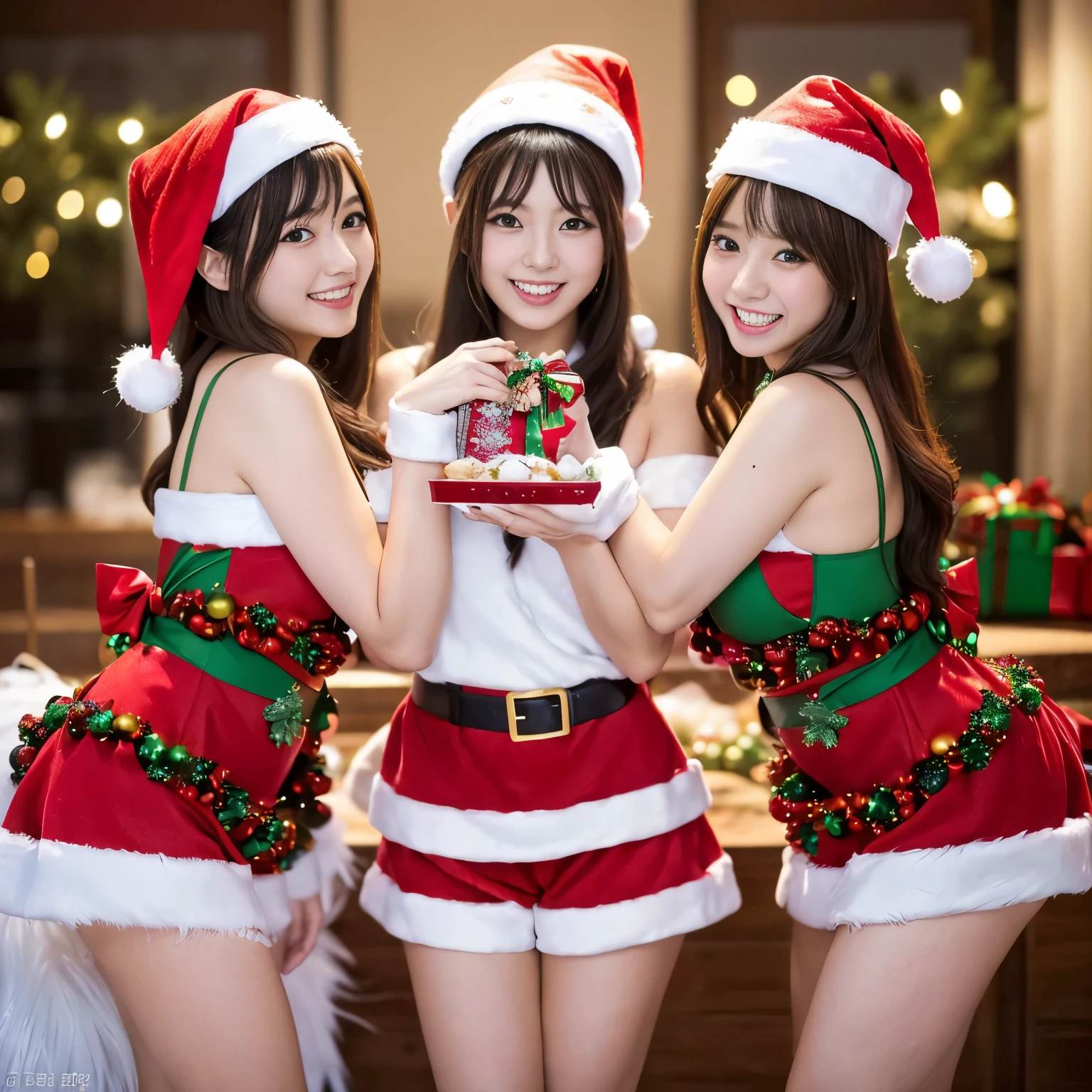 ((Best-quality, Masterpiece, Ultra-High-Resolution, (Photorealistic:1.4), Raw-Photo, Extremely-Detailed, Perfect-Anatomy)), 3-girls, all 16-years-old and the most popular Japanese-idols, (((having a lot of fun at Christmas party))), (((all dynamic-poses))), (((all wearing extremely cute Christmas-costumes))), all extremely cute faces like a most famous Japanese idols, all extremely beautiful big black-eyes, all extremely beautiful colorful-hair, all extremely beautiful realistic-skins, all extremely beautiful bodies, all extremely beautiful thighs, all extremely beautiful legs, detailed Christmas party, (((detailed cute-Christmas-costumes))), kissing