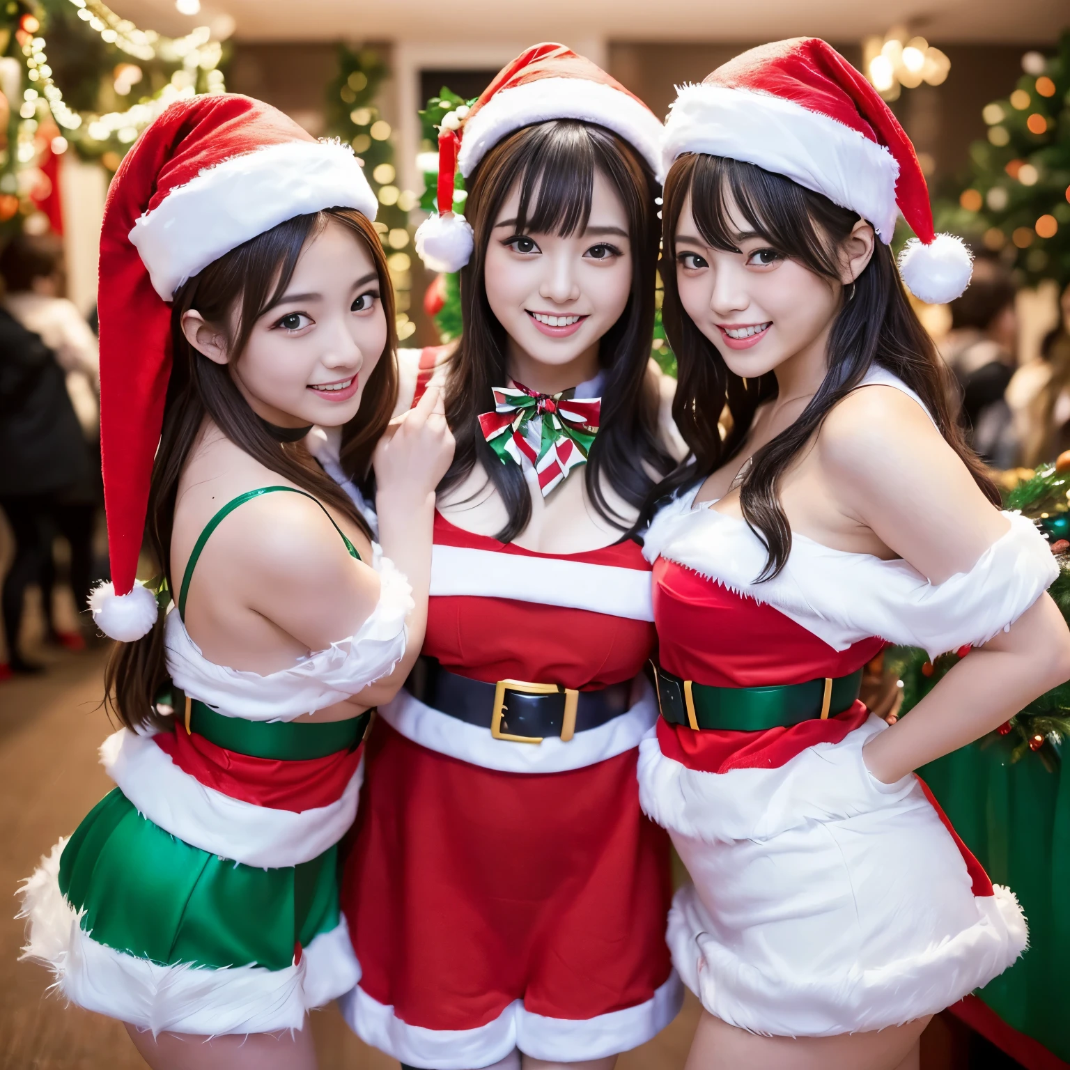 ((Best-quality, Masterpiece, Ultra-High-Resolution, (Photorealistic:1.4), Raw-Photo, Extremely-Detailed, Perfect-Anatomy)), 3-girls, all 16-years-old and the most popular Japanese-idols, (((having a lot of fun at Christmas party))), (((all dynamic-poses))), (((all wearing extremely cute Christmas-costumes))), all extremely cute faces like a most famous Japanese idols, all extremely beautiful big black-eyes, all extremely beautiful colorful-hair, all extremely beautiful realistic-skins, all extremely beautiful bodies, all extremely beautiful thighs, all extremely beautiful legs, detailed Christmas party, (((detailed cute-Christmas-costumes))), kissing