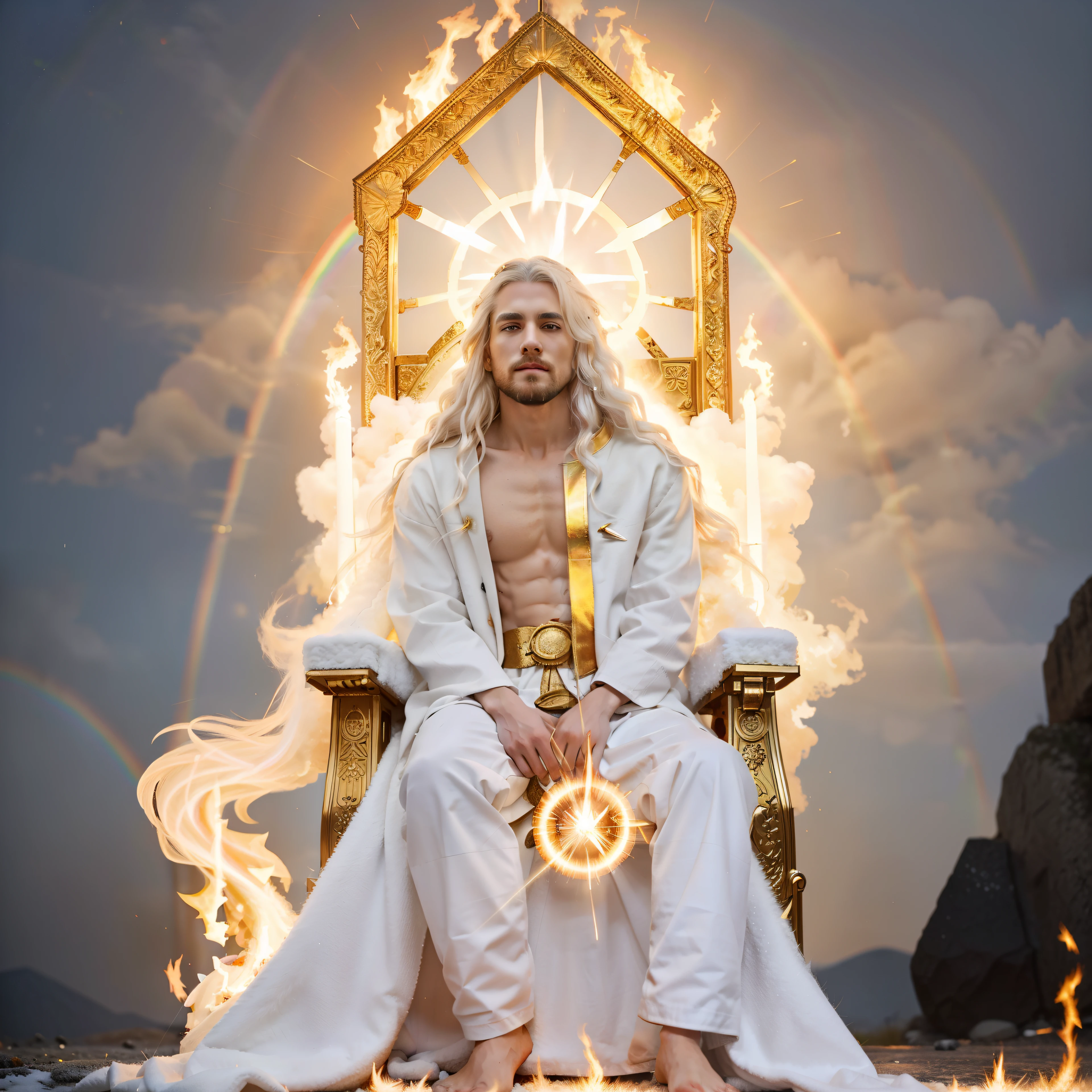Jesus sitting on the white throne
something glowing like electrum that was like a fire radiating from what appeared to be his waist and upward; and from his waist down, I saw something that resembled fire., (((There was a round brilliance flare all around him 28 like that of a round rainbow in a cloud on a rainy day))), His head and his hairs were white like wool, as white as snow; and his eyes were as a flame of fire;garment was white as snow, and the hair of his head like the pure wool: his throne was like the fiery flame, and his wheels as burning fire.And his feet like unto fine brass, as if they burned in a furnace; and his voice as the sound of many waters. ,((white hairs))