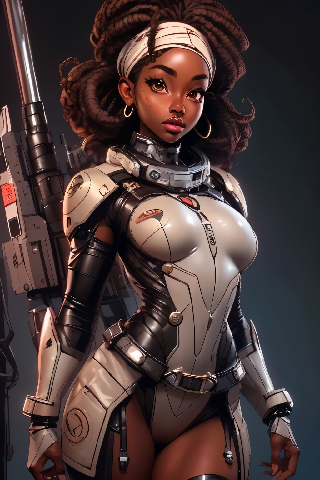 (scientific fiction, master part, best quality), ((ebony deep sex 1girl, beautiful face, Kimberly_Jackson, cachos suspensos, brown lips, corpo inteiro, SEIOS GRANDES)), scientific fiction