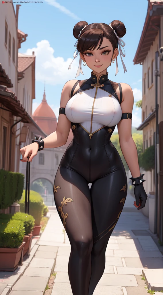 1girl, Chun-li, short brown hair, double bun, curvy, (masterpiece: 1.2),(best quality:1.3), (high quality: 1.4), 8k, 4k, intricate, smile, city yard, Spike bracelet, (legging bodysuit), from below,