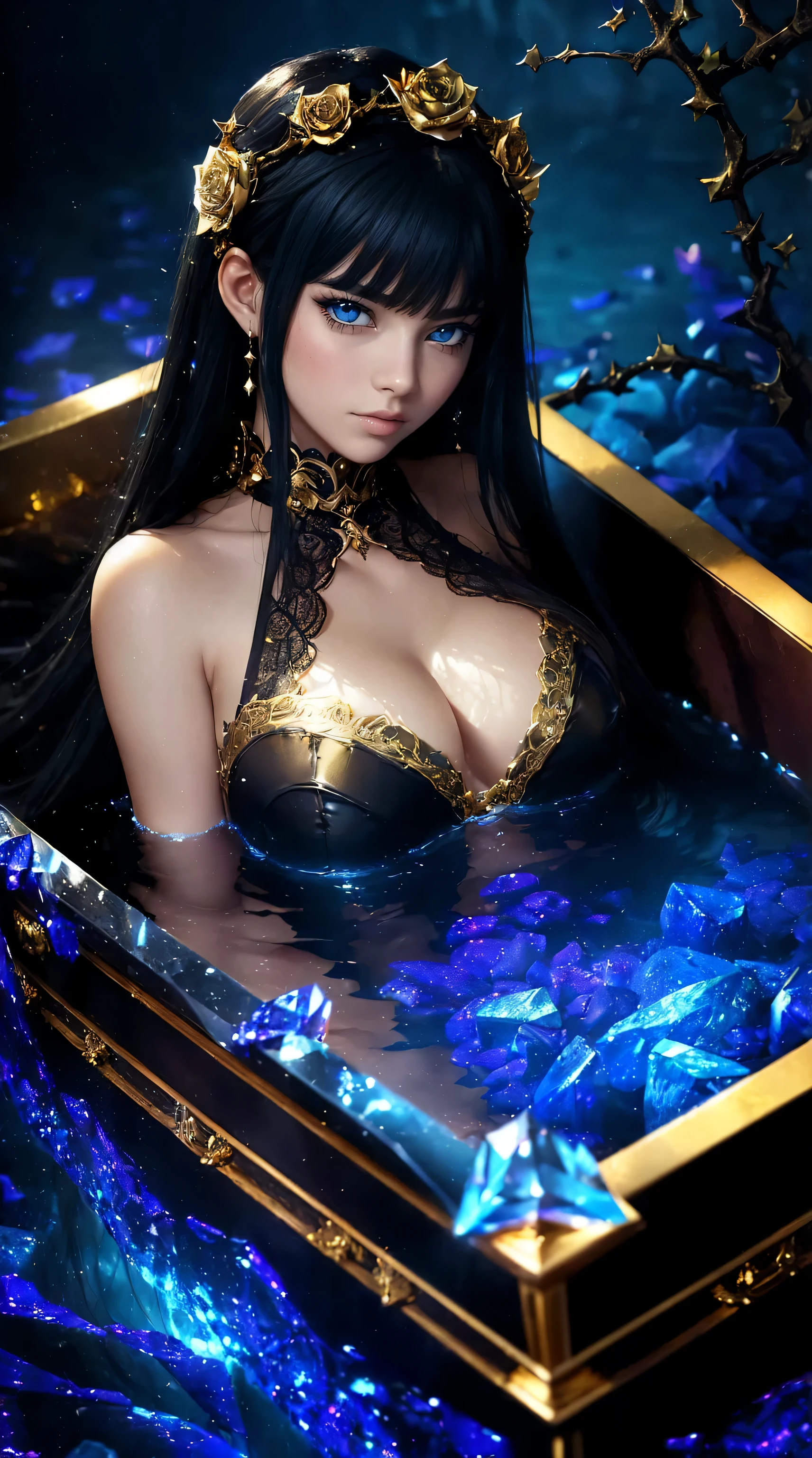 ( 8K, Masterpiece, hiquality, Digital Art, Beautiful and epic, hyper detailed, Anime Aesthetics, ),(((Large crystal coffin, with fluffy lining inside, with closed lid, and metal patterns on it (gold and matte colors ),crystals))). (Anime waifu lies in a long coffin in full length! She&#39;s all in a coffin) . (Behind the character is the ocean floor. (soft lighting effects with water textures), stars and moonlight, curly rose thorns). There are many big roses in the coffin.. 1 girl, beautiful girl with long black hair in a glass coffin, Perfectly detailed eyes, Perfectly detailed face, plump lips, Tired look, Correct proportions, . (Glowing Hair! hair is creeping, like a grapevine, in different directions, no Victorian dress with lace., Perfectly detailed eyes, Perfectly detailed face, ))))