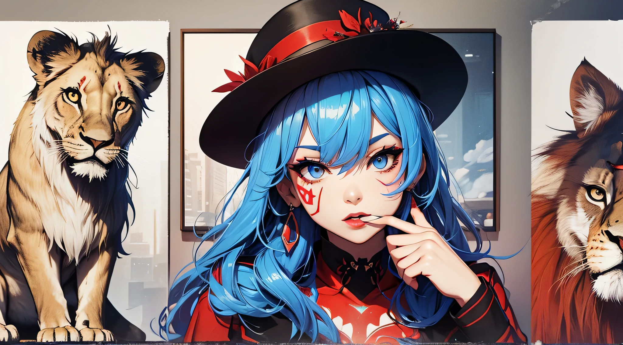 top-quality、Top image quality、masterpiece、age girl((White shirt、Long black trousers、18year old、 Ager、Best Bust、big bast,Black eyes, blue hairs、A slender,Large valleys、red lipstick makeup、Cute earrings、銀の腕時計、Bring your chest together、Sit up、Eyeshadow that colors your eyes with a captivating pose、dance、Red Body Paint、blue face paint、gal make、Cool hat、lion imitation)),hiquality、Beautiful Art、Background with((white walls、Photography Studio))masterpiece、depth of fields,Camera Film Style