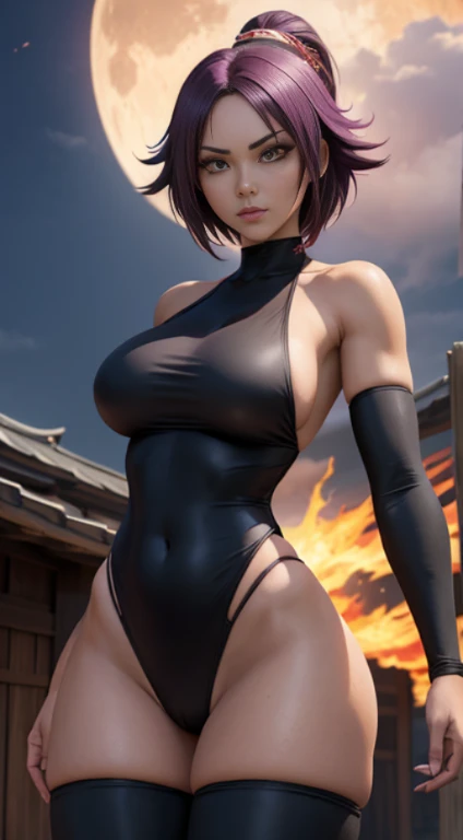 Yoruichi Shihōin in soul reaper uniform, com cabelos presos, His posture is one of attack, com rosto serio,  , sexy, seios grandes, com roupa preta, Swimsuit with neckline and dug in verilla, cenario de uma casa japonesa a noite com lua cheia, (muito detalhado), Yoruichi Shihōin seductive, realista, 8k, Cinema 4D, Artgerm extremamente detalhado, [ Arte Digital 4K ]!!, Yoruichi Shihōin girl anime rendering, , seios grandes