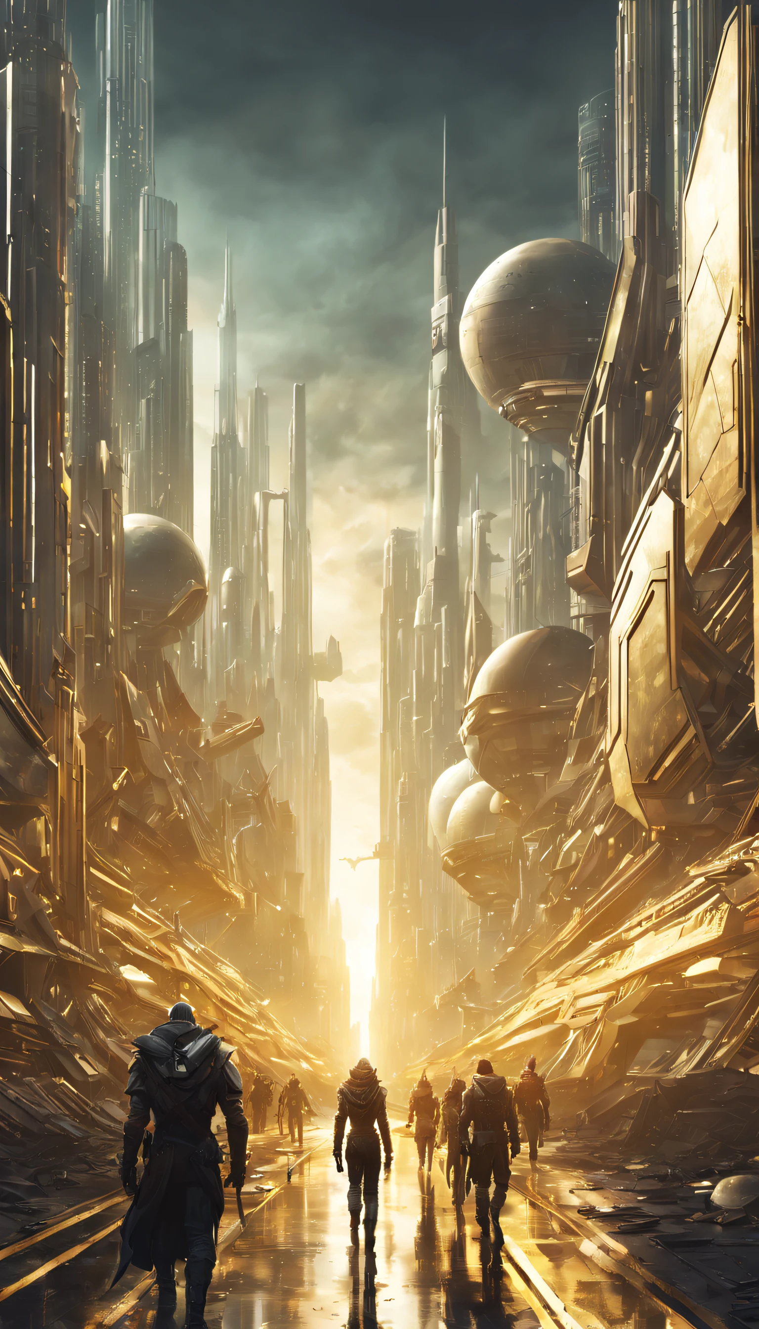 On an unknown planet，There is a fantasy city of the future，Has a huge technology design building，Forming an infinite avenue, silver glaze structure, Stunning gold and bronze medals. The colors are bright. The Dark Road. People walk. similar to coruscant. Clear image of many buildings together. cyber punk style.
