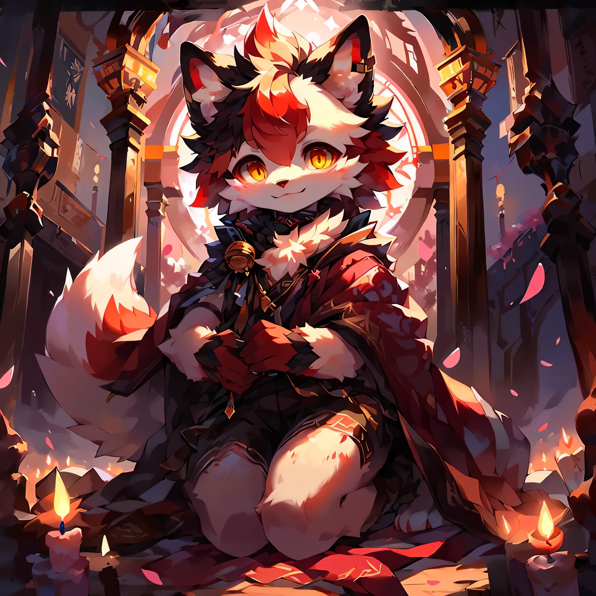 a detailed 5 tailed white and red female kitsune with a black crown, large breasts, thighs and ass, red patterns on the body, red swirls on the thighs, red tipped ears, pretty red eyes, white and red fur tufts, wearing a red and white fleece that covers her full body, looking at viewer, smiling, standing in her cult with people in her cult in her background, wearing a black and red bracelet on the left arm, 2D art, cult leader, 4k, detailed, hi res, absurd res, collar with bell, ear fluff