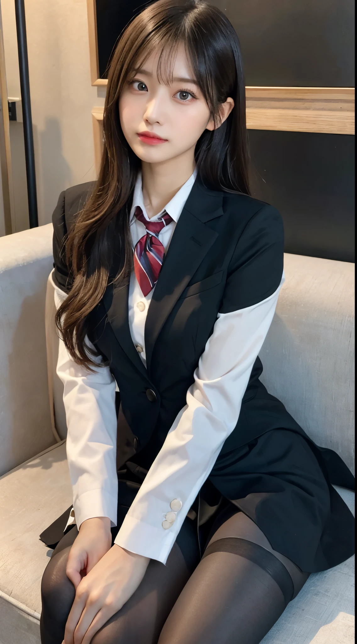 ulzzang -6500-v1.1, masutepiece, , best qualtiy,、Ultra Detail, Classy elite woman in suit poses for photo, Sit on the couch and cross your legs、Wearing a strict business suit, (Ultra-realistic pantyhose:1.2)、Girl in suit, Girl in a suit, in a strict suit, JK Uniform, japanese girl school uniform, Wearing a business suit, Japan school uniform, Wearing a business suit, On Body, Tindall Effect, Realistic, Shadow Studio, Rim lighting, dual-tone lighting, (High Detail Skins: 1.2), 8K UHD, Digital SLR, Soft light, High quality, Volume Light, Sneak Shots, Photo, High resolution, 4K, 8K, Background blur, realistic skin textures、shinny skin、Exposed thighs!!!、