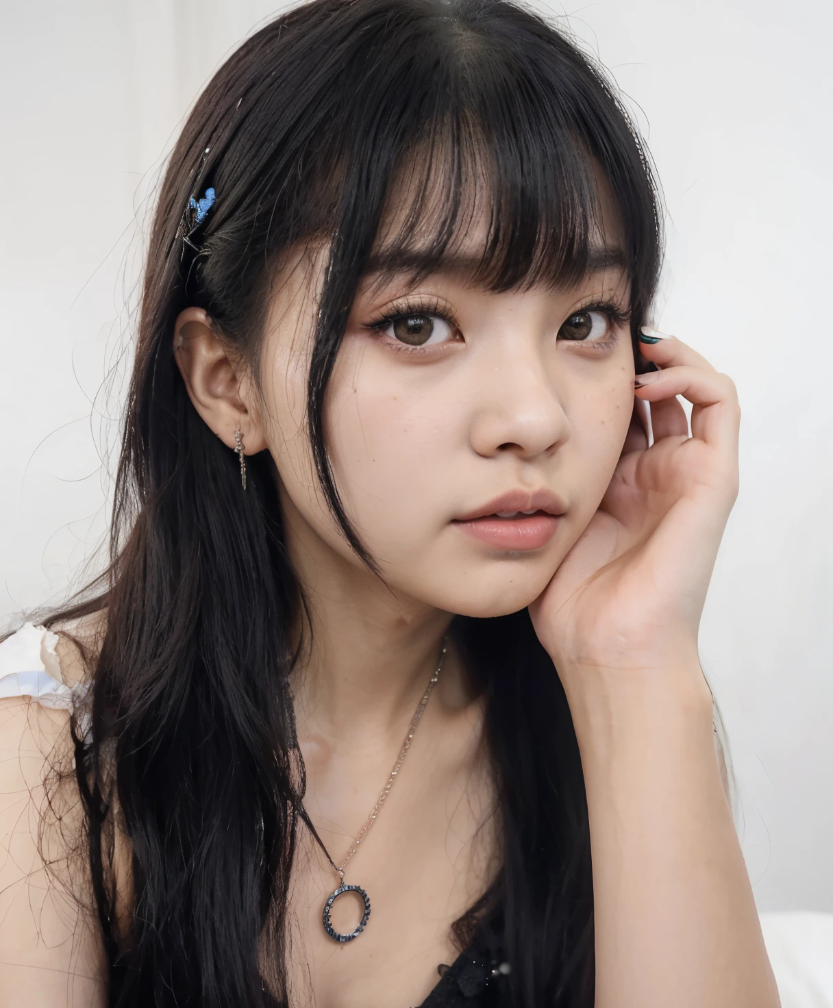 there is a woman with long black hair and a necklace, preto hime corte cabelo, menina bonito-fino-cara, Ela tem cabelo preto com franja, O corte Hime, Sui Ishida com cabelo preto, Chiho, Shikami, Ulzzang, Yoshitomo Nara, 19-year-old girl, blackpink Jennie, blackpink rose, blackpink jisoo, blackpink lisa, twice sana, twice Mina, kpop girls face