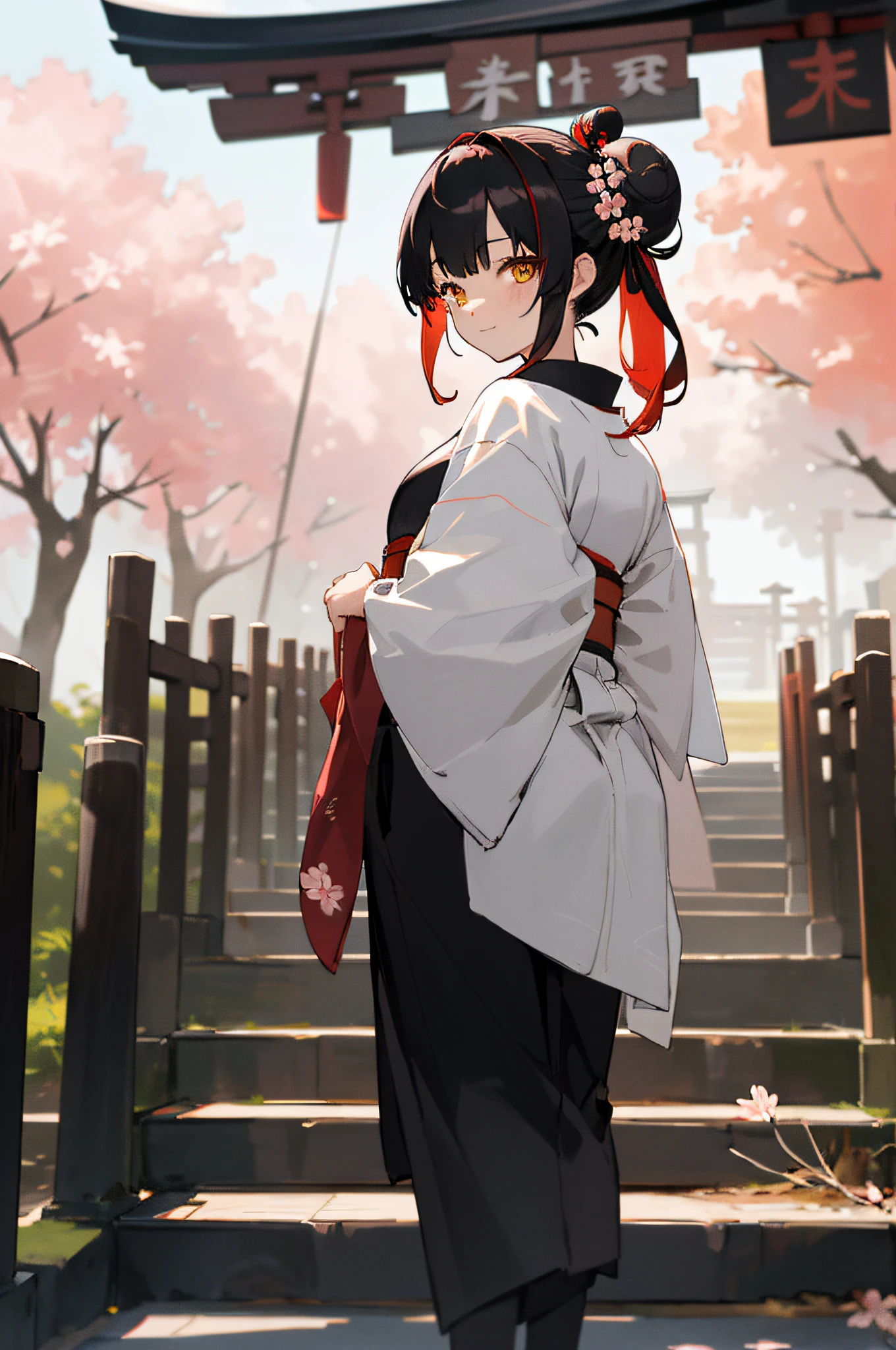 ((masterpiece,best quality)),2girls, black kimono, black legwear, black ribbon, black hair, cherry blossom, daytime, flower, bun, hair ribbon, japanese clothes, kimono, long hair, viewer, looking back, multiple girls, obi, outdoors, red eyes, red hair, ribbon, sandals, single hair bun, stairs, standing, statue, torii, tree, white kimono, yellow eyes