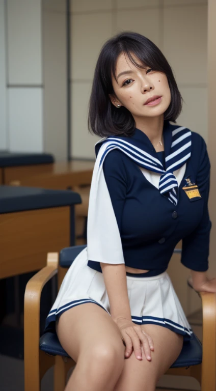 (Best Quality, hight resolution, Hires, Skin definition, Detailed skin, Detailed eyes, Detailed face, 4K, 日本人A MILF, (Solo), (((70 years old))), (Wrinkles at the corners of the eyes:1.8), (nasolabial folds:1.8), A MILF, glamor, A sexy, Chromo-white skin, (((Shortcut Hair))), Looking at Viewer,(((my skin is old))), ((muscles are old)), ((Japanese Models)), 4K, 8K, (photoRealistic:1.5), Realistic, nffsw, Beautiful, (((makeup:1.0))), small diamond necklace, piercings, {(((white and navy sailor))), (((uniform))), (((a sailor suit))), (((neckerchief))), Navel is visible, (((Dark blue pleated skirt))),(micromini skirt)}, lowfers, ((Big breasts)), thick thighs, big butts, wide hips, Curve, Classroom, Spread legs, sitting in the chair, Full body photo
